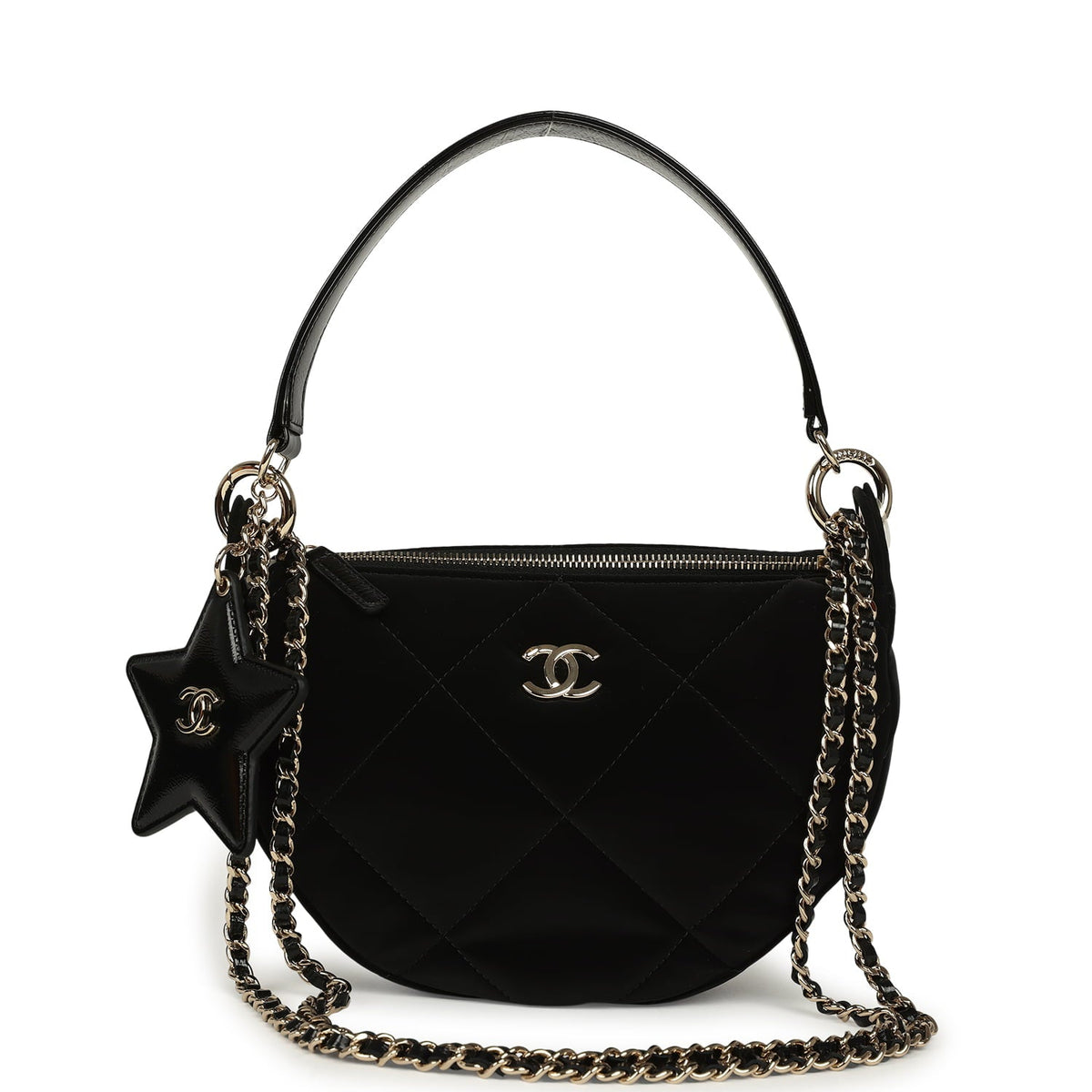 Chanel Coco Neige Clutch with Chain Black Velvet-Effect Nylon and Black Shiny Crumpled Calfskin Light Gold Hardware