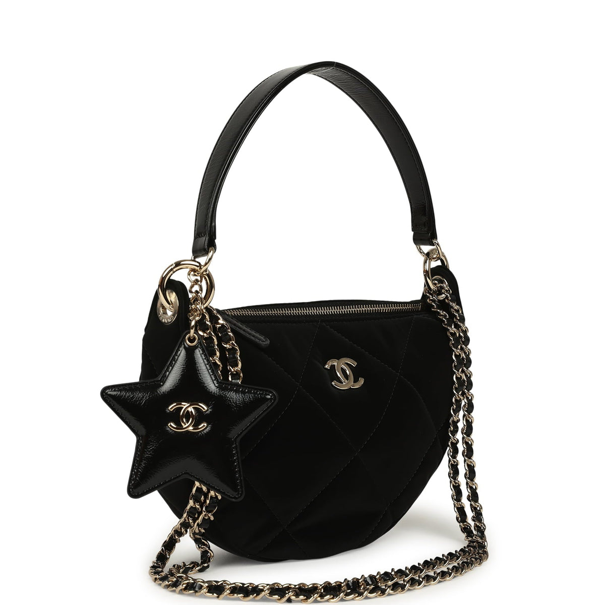Chanel Coco Neige Clutch with Chain Black Velvet-Effect Nylon and Black Shiny Crumpled Calfskin Light Gold Hardware