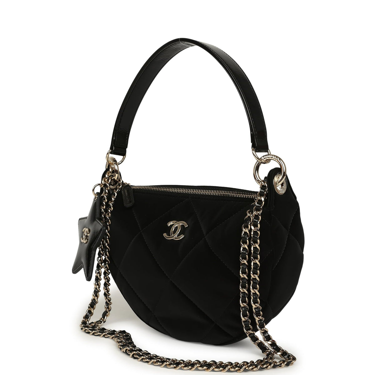 Chanel Coco Neige Clutch with Chain Black Velvet-Effect Nylon and Black Shiny Crumpled Calfskin Light Gold Hardware