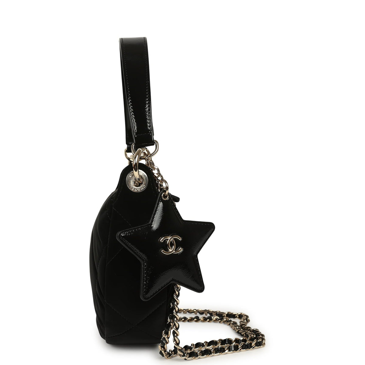 Chanel Coco Neige Clutch with Chain Black Velvet-Effect Nylon and Black Shiny Crumpled Calfskin Light Gold Hardware