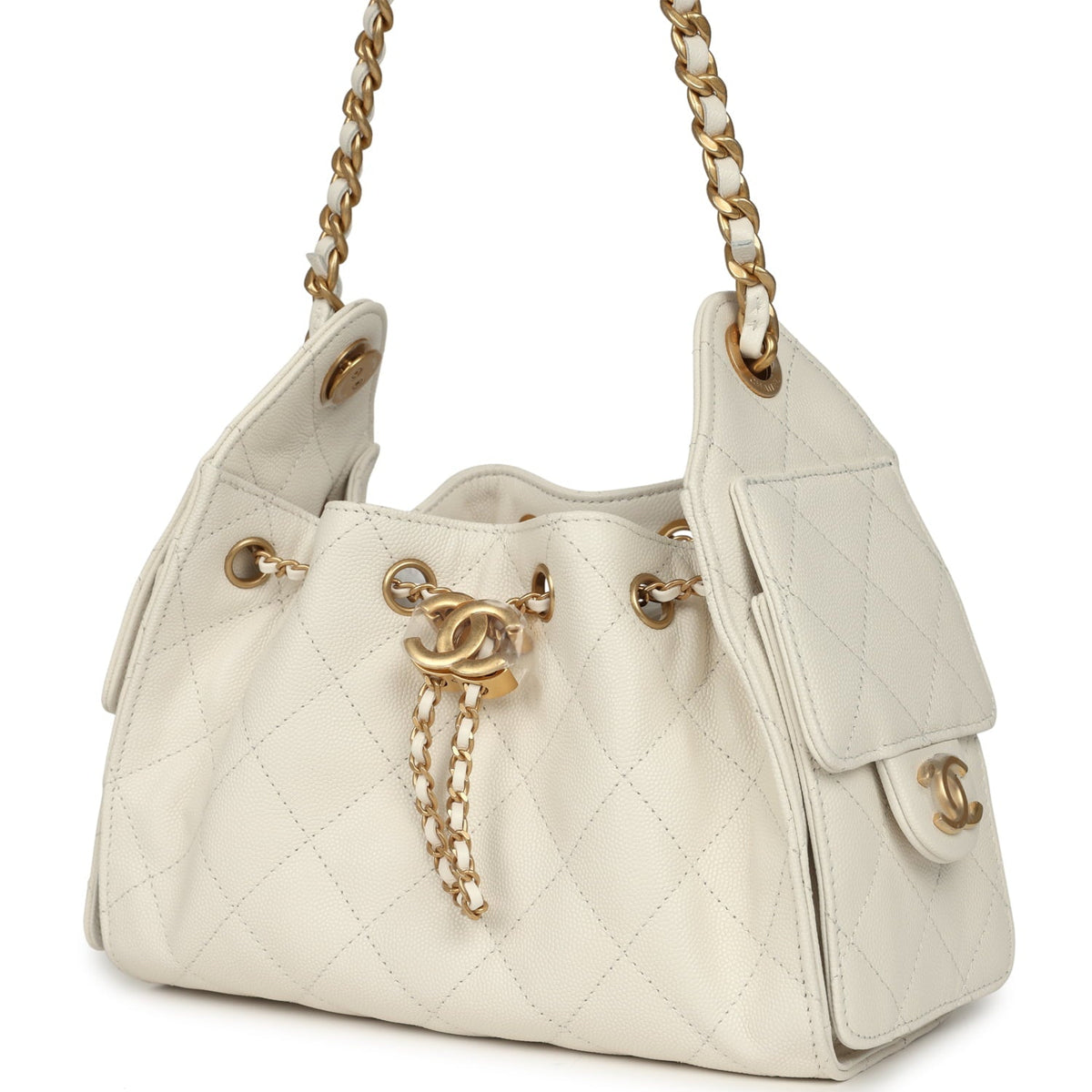 Chanel Mini 25 Hobo Bag White Caviar Antique Gold Hardware