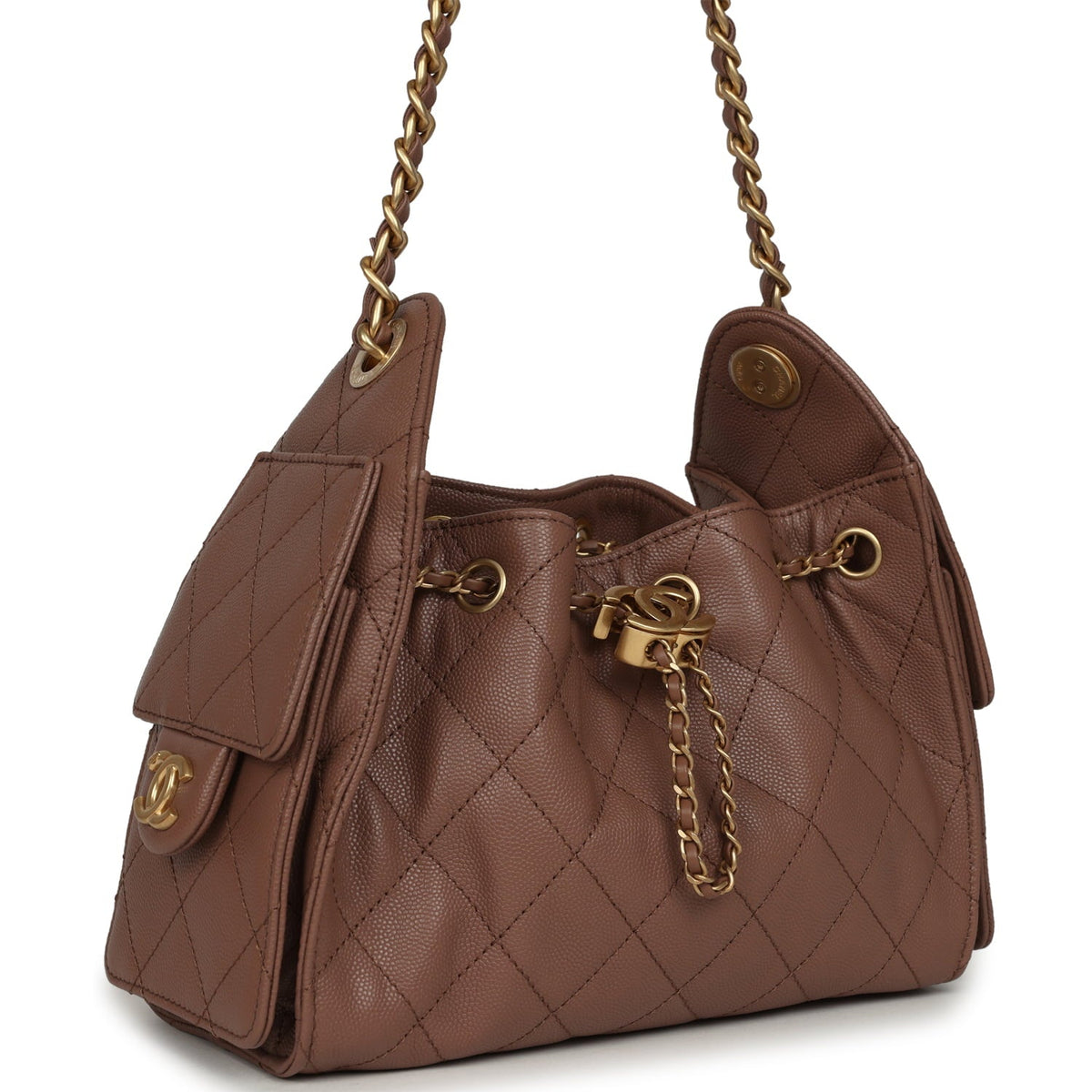 Chanel Mini 25 Hobo Bag Brown Caviar Antique Gold Hardware