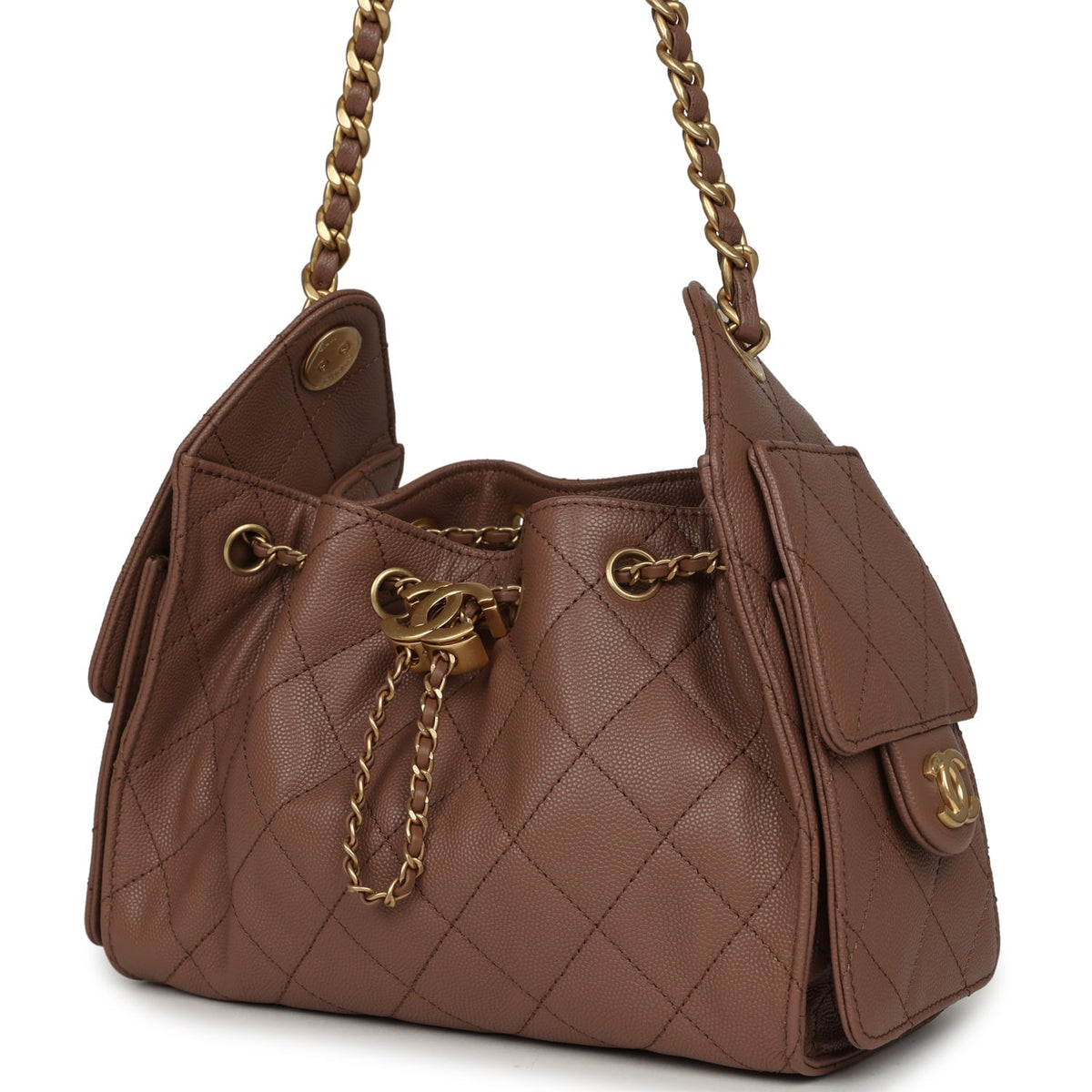 Chanel Mini 25 Hobo Bag Brown Caviar Antique Gold Hardware