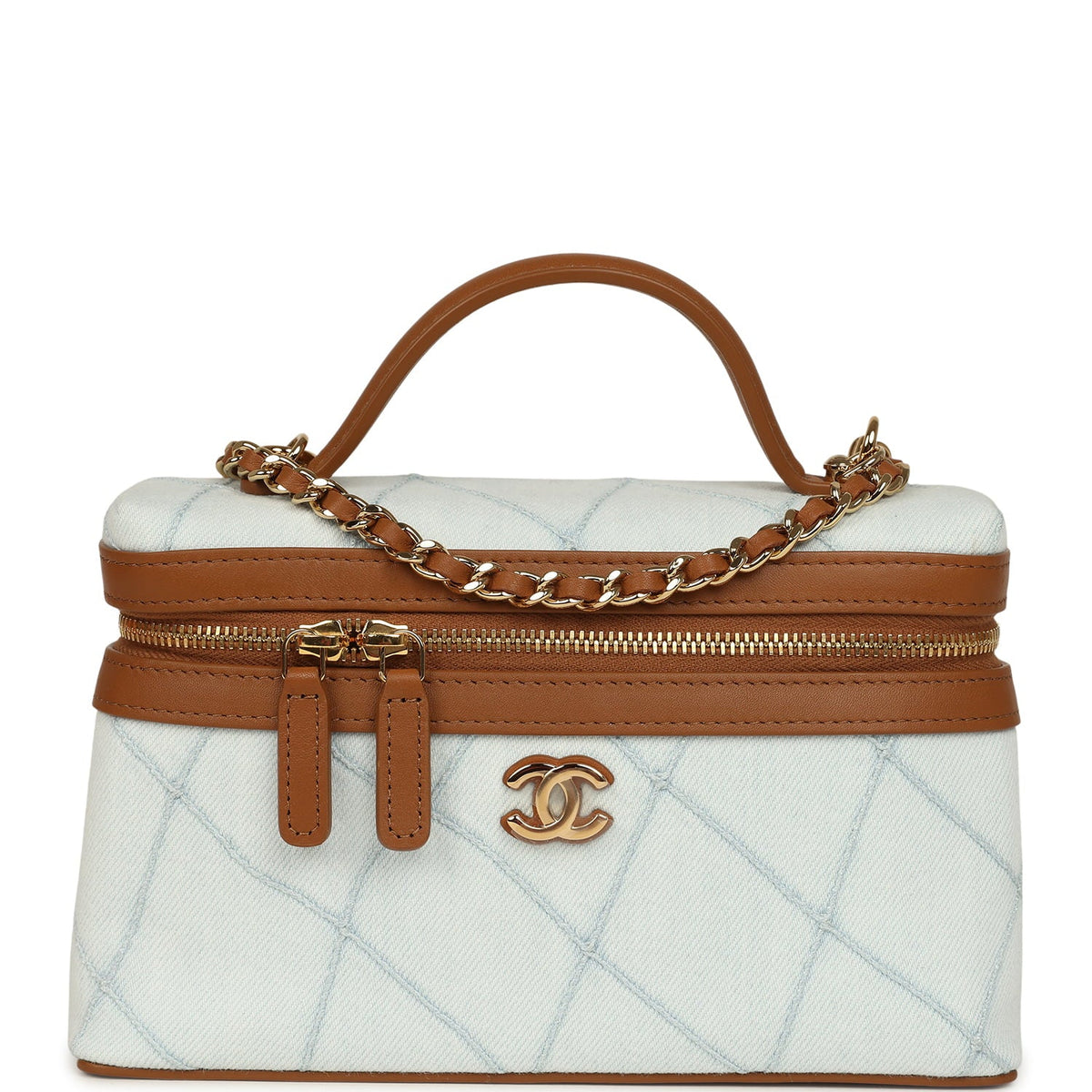Chanel Coco Beach Top Handle Long Vanity Case with Chain Light Blue Denim and Brown Calfskin Gold Hardware
