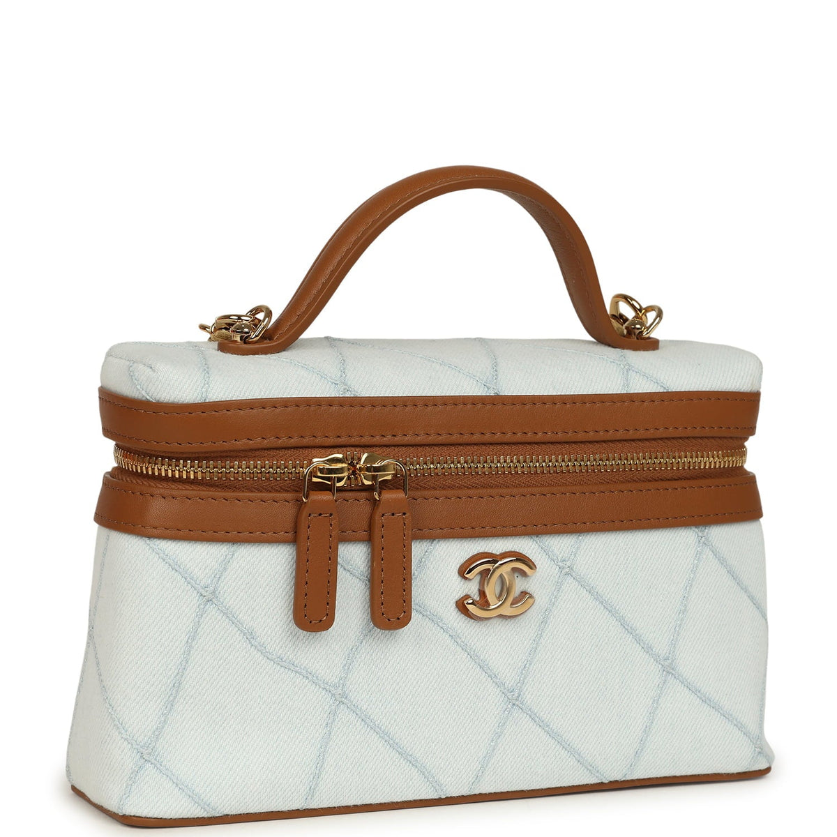 Chanel Coco Beach Top Handle Long Vanity Case with Chain Light Blue Denim and Brown Calfskin Gold Hardware