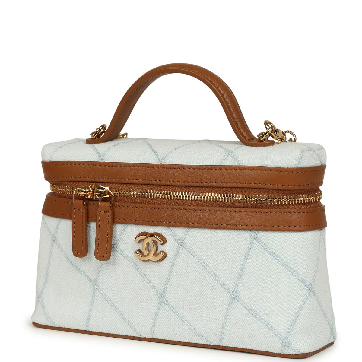 Chanel Coco Beach Top Handle Long Vanity Case with Chain Light Blue Denim and Brown Calfskin Gold Hardware