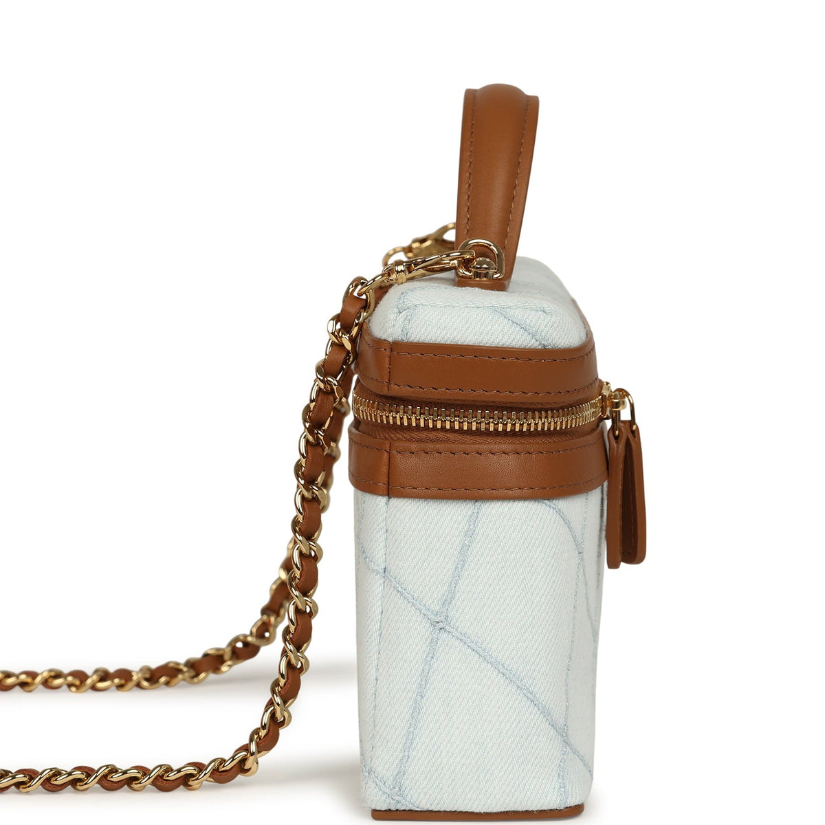 Chanel Coco Beach Top Handle Long Vanity Case with Chain Light Blue Denim and Brown Calfskin Gold Hardware