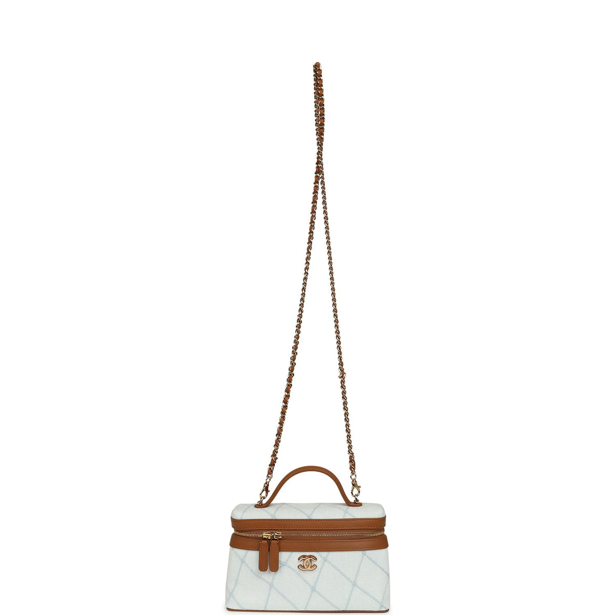 Chanel Coco Beach Top Handle Long Vanity Case with Chain Light Blue Denim and Brown Calfskin Gold Hardware