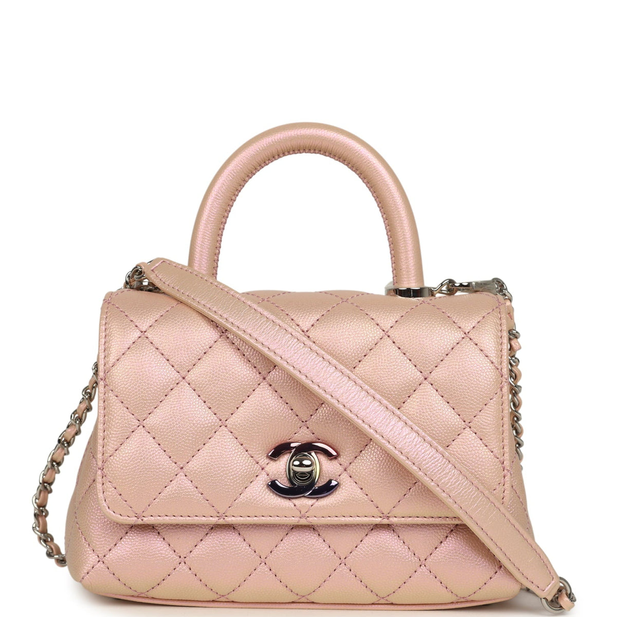 Chanel Micro Coco Handle Flap Bag Iridescent Pink Shiny Caviar Mixed Metal Hardware