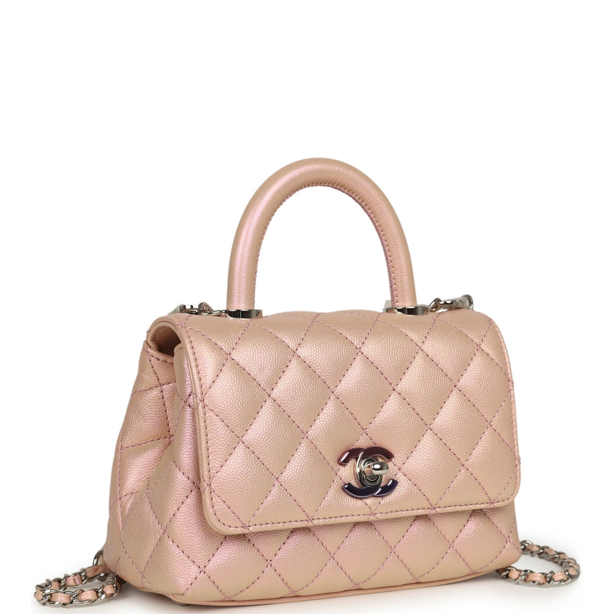 Chanel Micro Coco Handle Flap Bag Iridescent Pink Shiny Caviar Mixed Metal Hardware