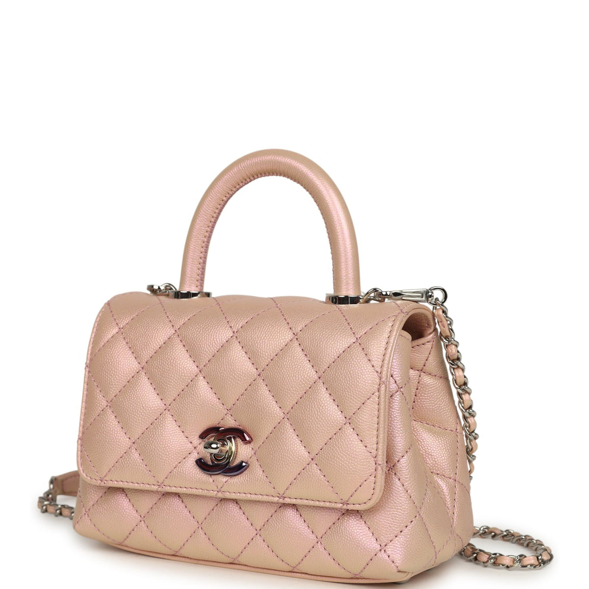 Chanel Micro Coco Handle Flap Bag Iridescent Pink Shiny Caviar Mixed Metal Hardware