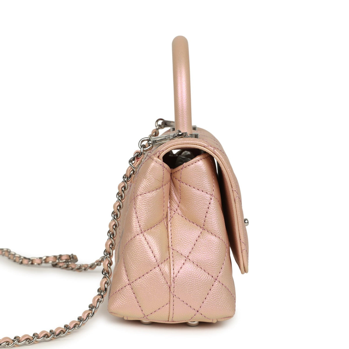 Chanel Micro Coco Handle Flap Bag Iridescent Pink Shiny Caviar Mixed Metal Hardware