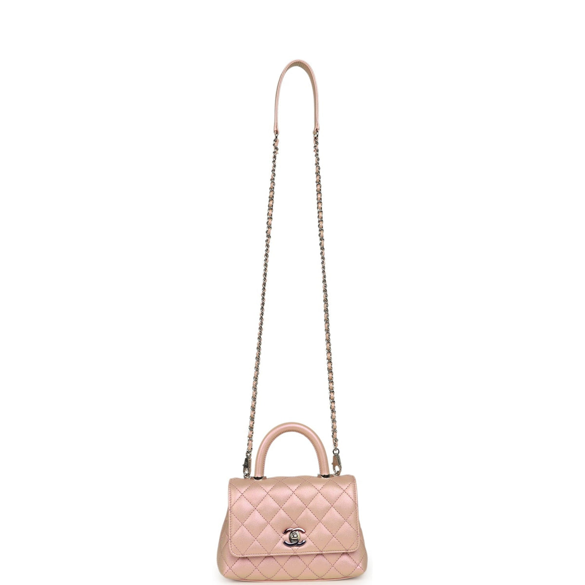 Chanel Micro Coco Handle Flap Bag Iridescent Pink Shiny Caviar Mixed Metal Hardware