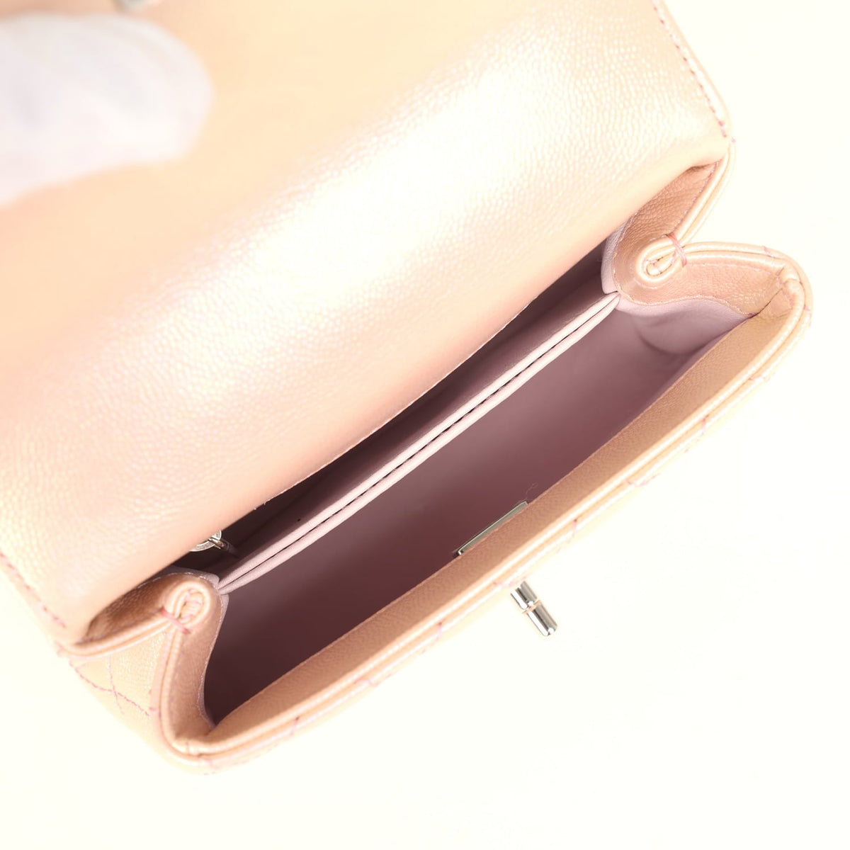 Chanel Micro Coco Handle Flap Bag Iridescent Pink Shiny Caviar Mixed Metal Hardware
