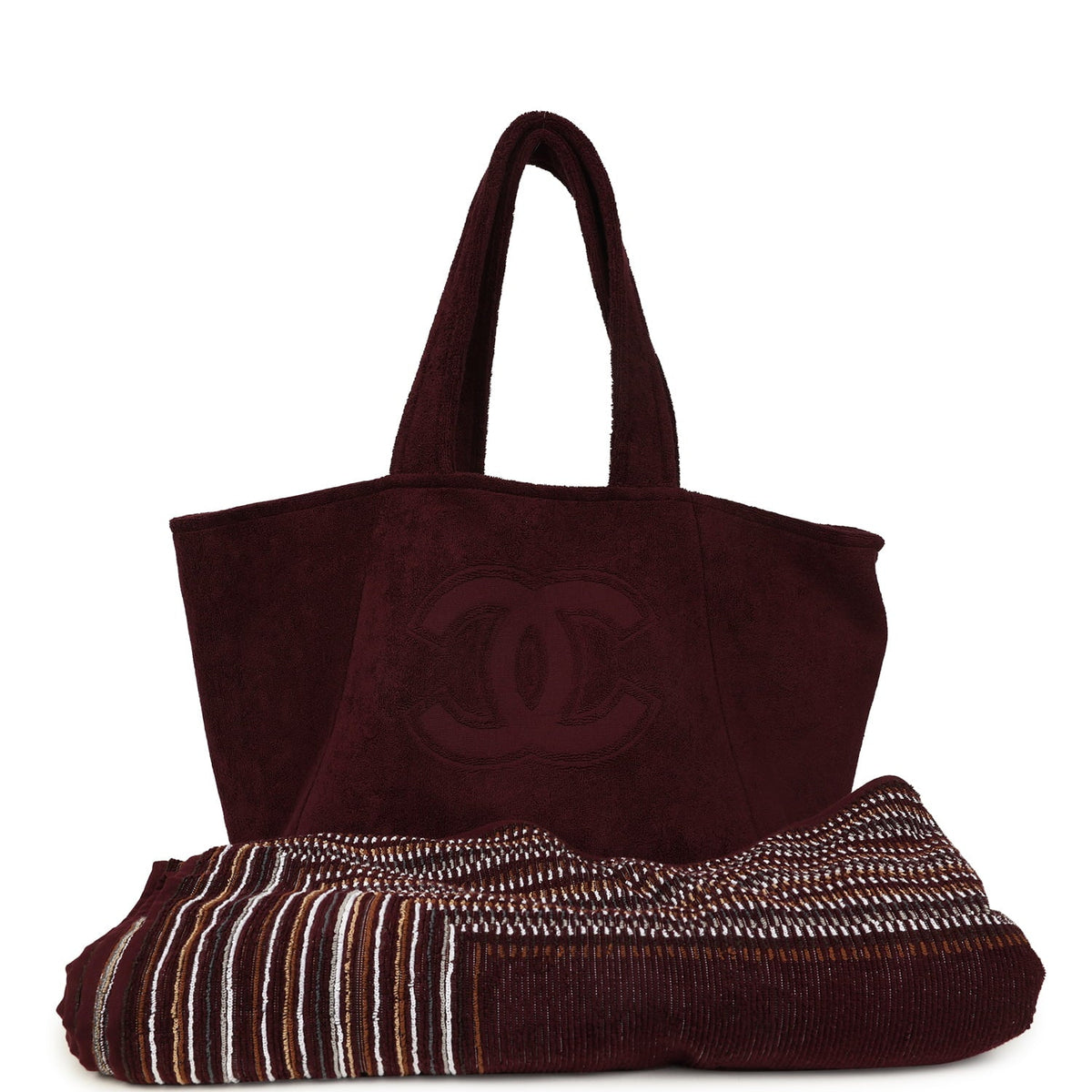 Chanel Coco Beach CC Beach Tote Bag & Towel Set Burgundy Terry Silver Hardware