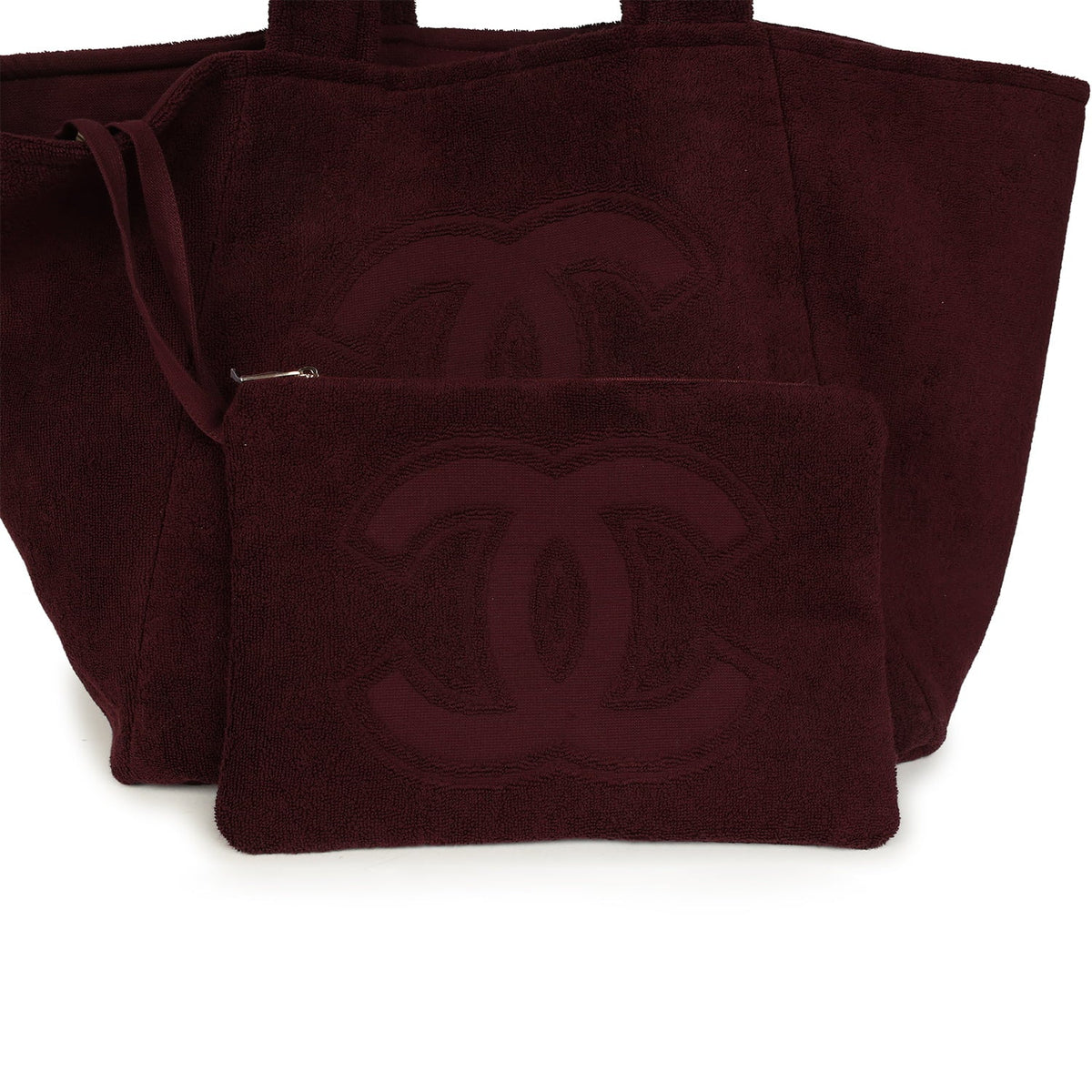 Chanel Coco Beach CC Beach Tote Bag & Towel Set Burgundy Terry Silver Hardware