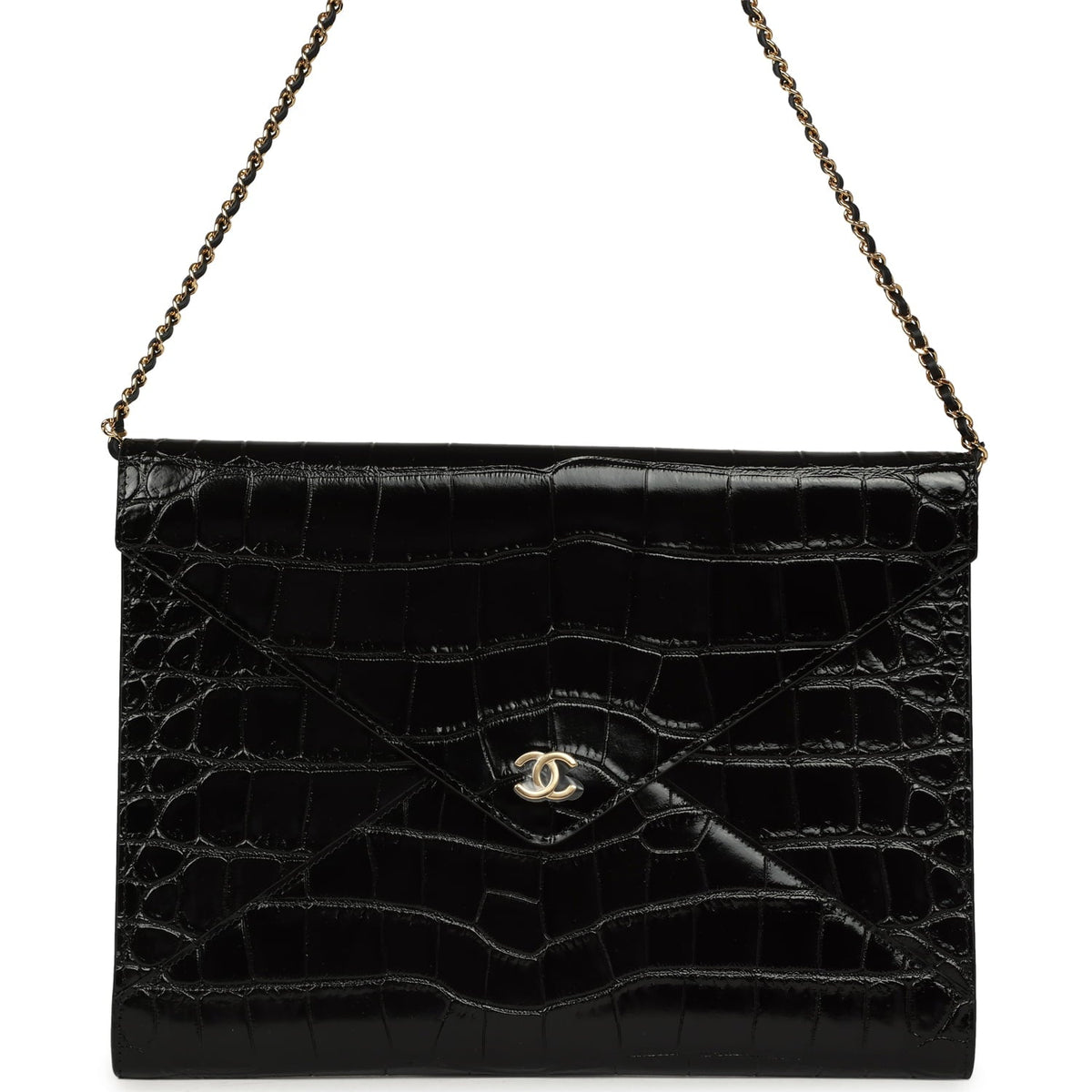 Chanel Envelope Clutch with Chain Black Croc Embossed Calfskin Gold Hardware