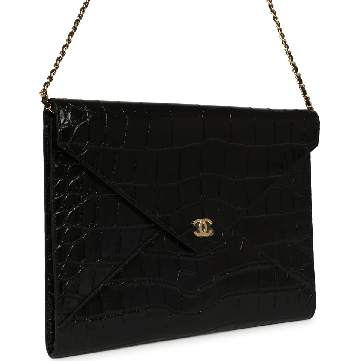 Chanel Envelope Clutch with Chain Black Croc Embossed Calfskin Gold Hardware