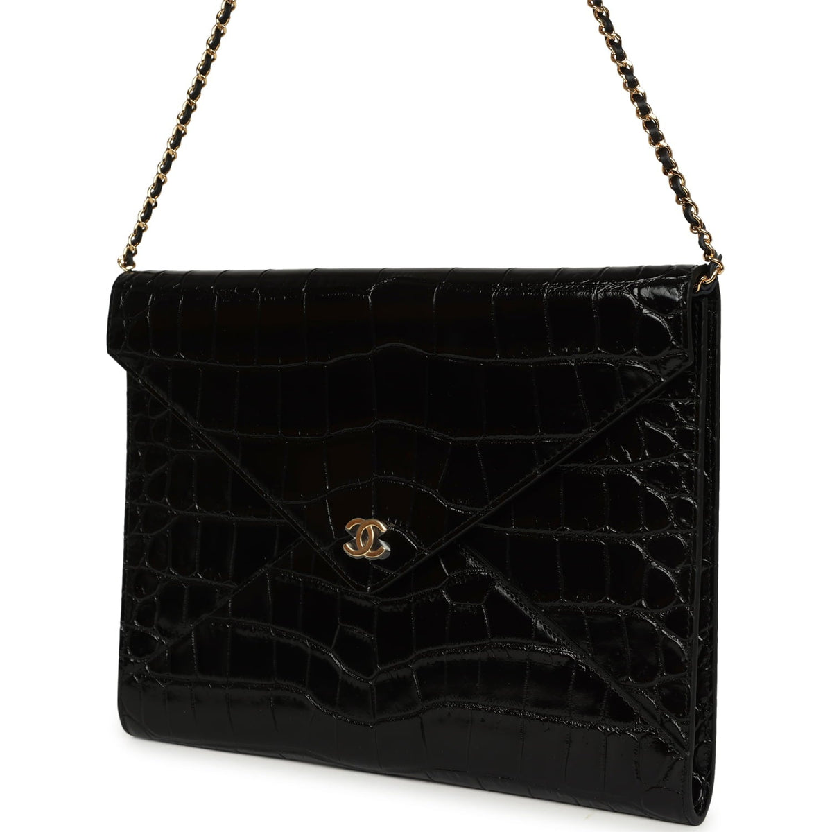 Chanel Envelope Clutch with Chain Black Croc Embossed Calfskin Gold Hardware