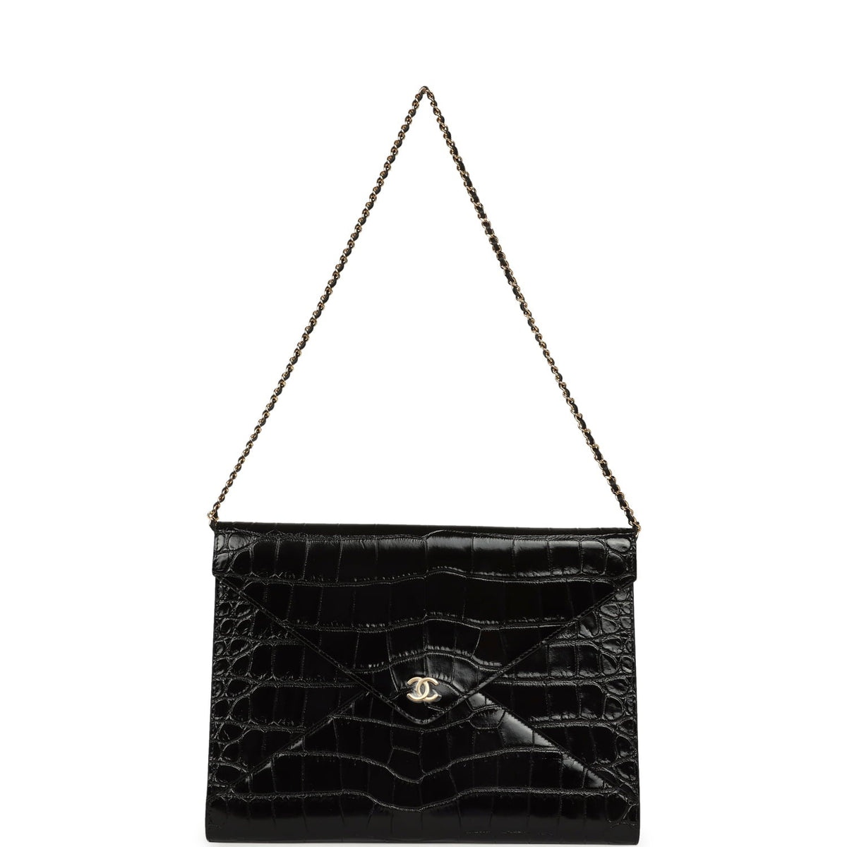 Chanel Envelope Clutch with Chain Black Croc Embossed Calfskin Gold Hardware