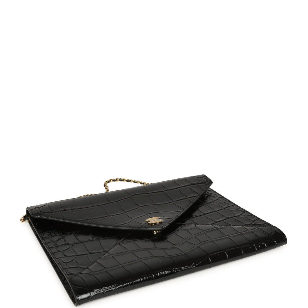 Chanel Envelope Clutch with Chain Black Croc Embossed Calfskin Gold Hardware