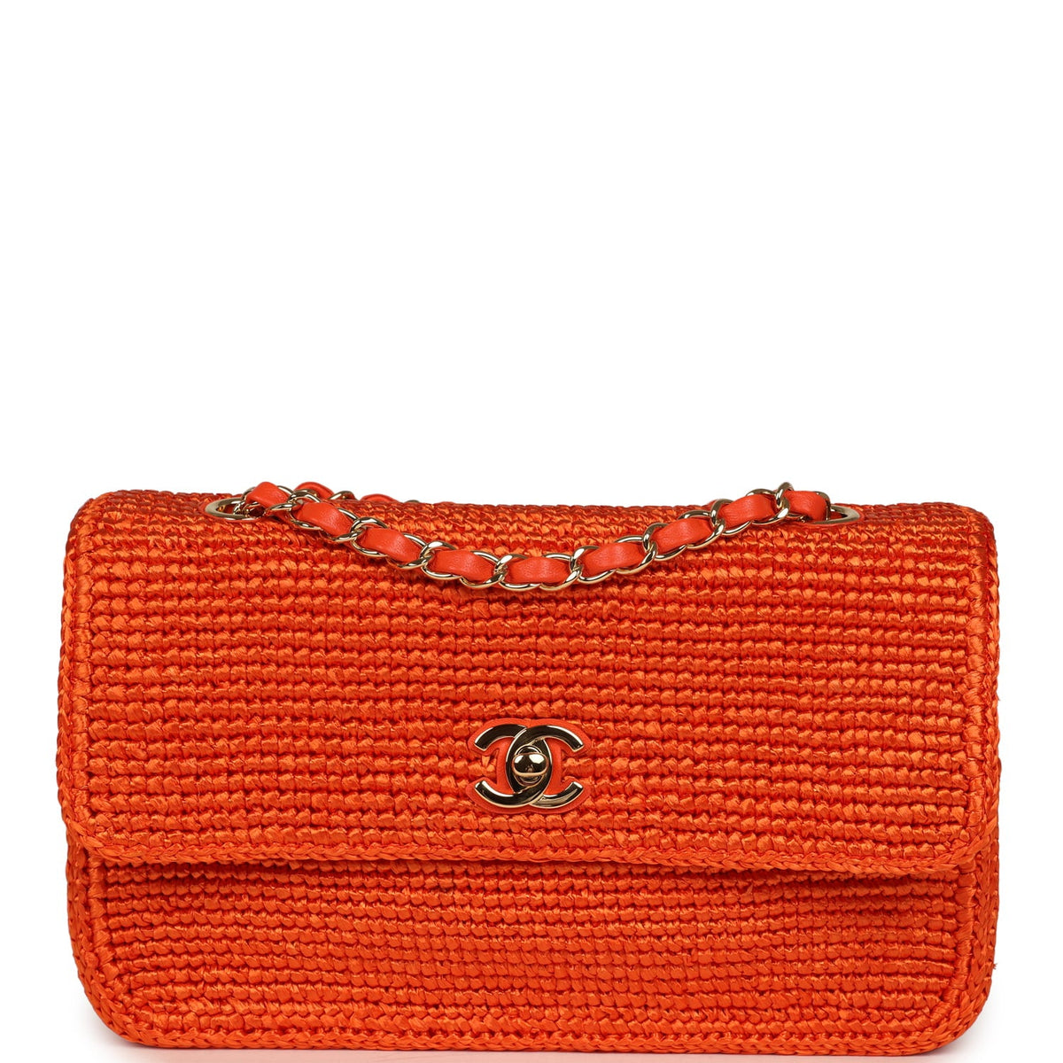 Chanel Small Coco Beach Flap Bag Orange Braided Raffia Gold Hardware