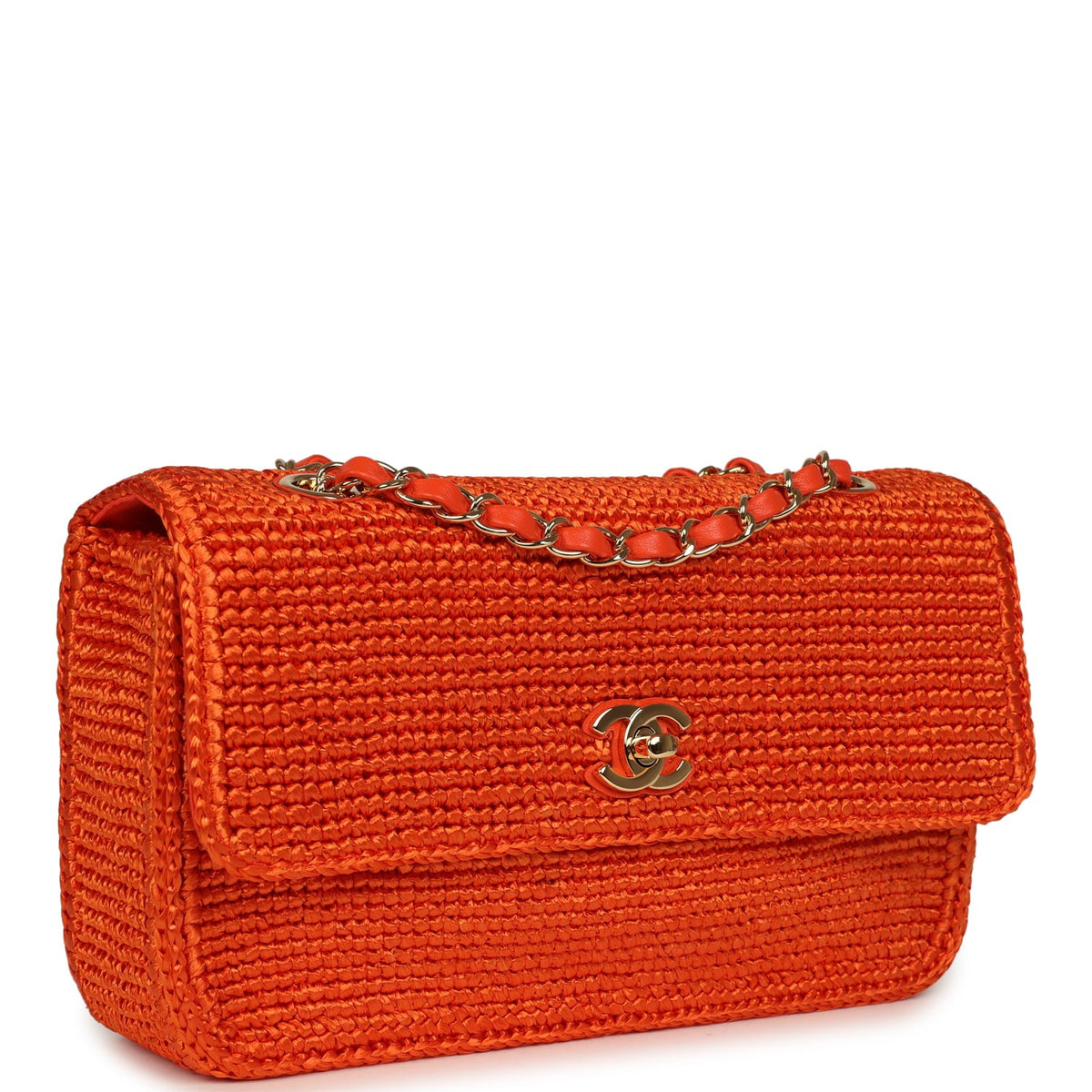 Chanel Small Coco Beach Flap Bag Orange Braided Raffia Gold Hardware