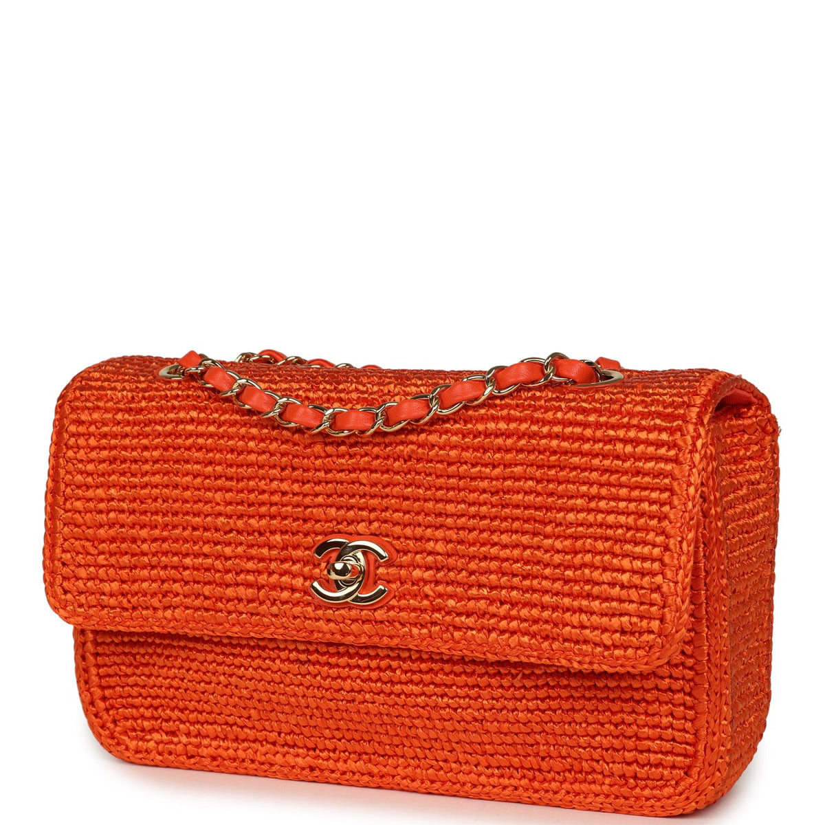 Chanel Small Coco Beach Flap Bag Orange Braided Raffia Gold Hardware
