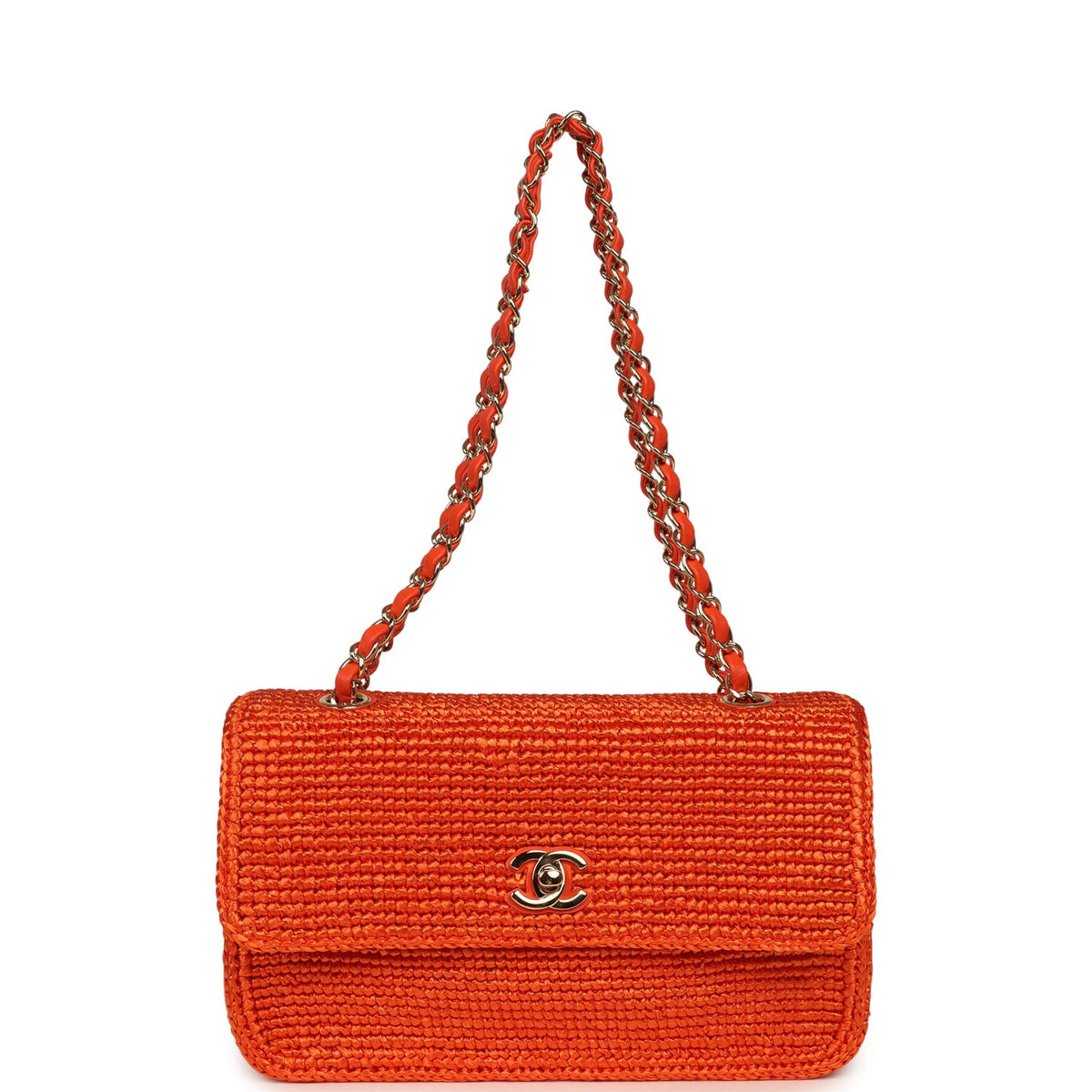 Chanel Small Coco Beach Flap Bag Orange Braided Raffia Gold Hardware