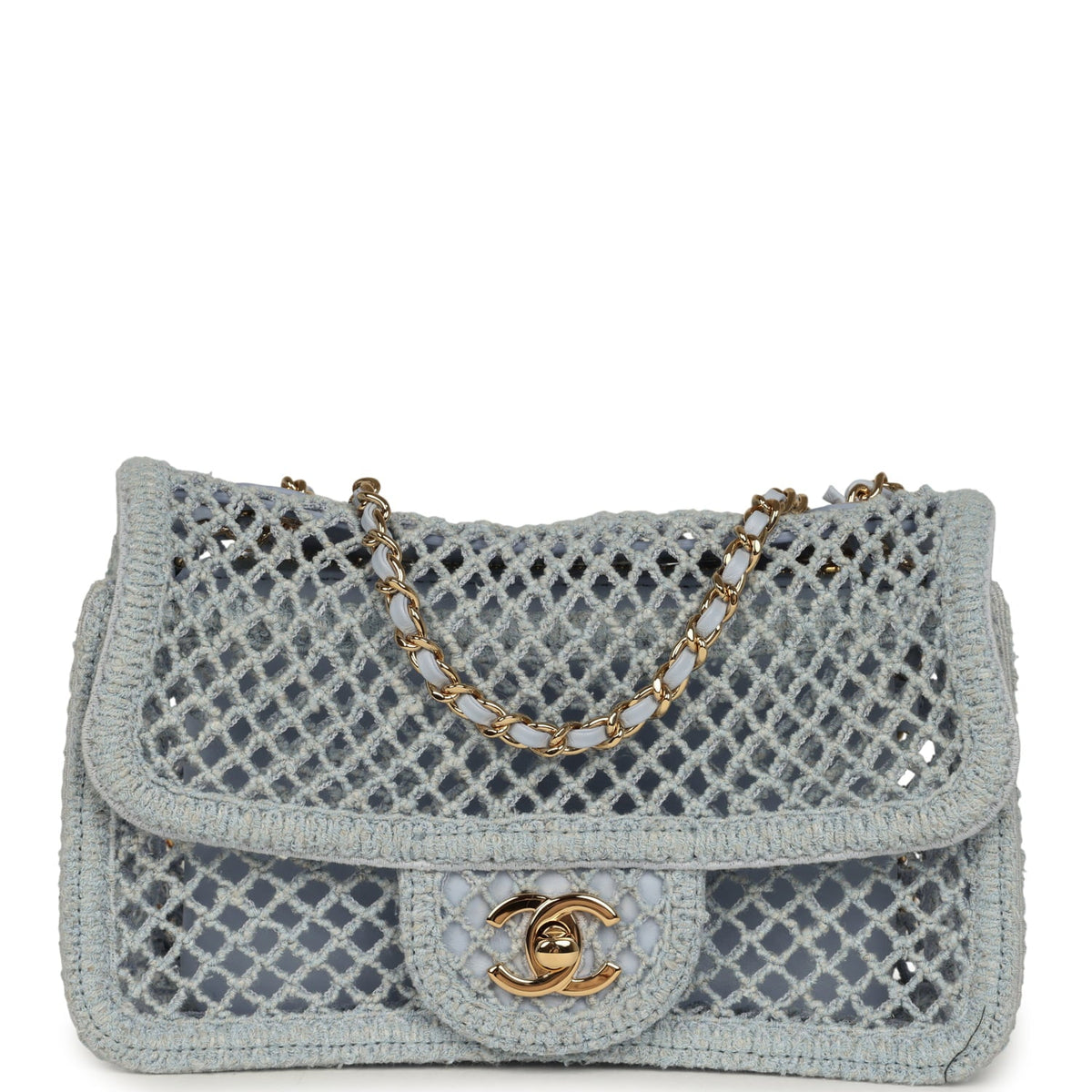 Chanel Small Coco Beach Macrame Flap Bag Light Blue Mesh Gold Hardware