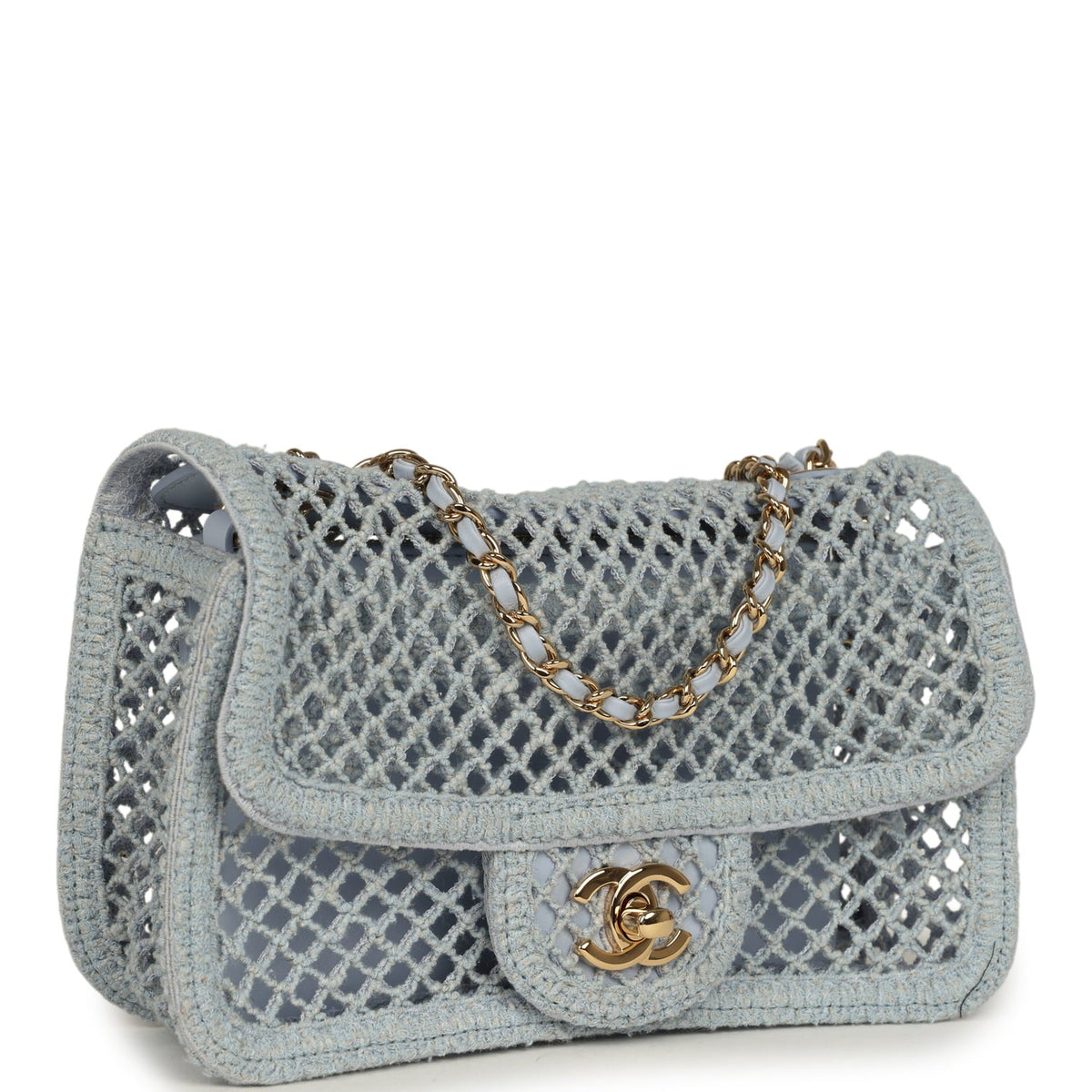 Chanel Small Coco Beach Macrame Flap Bag Light Blue Mesh Gold Hardware