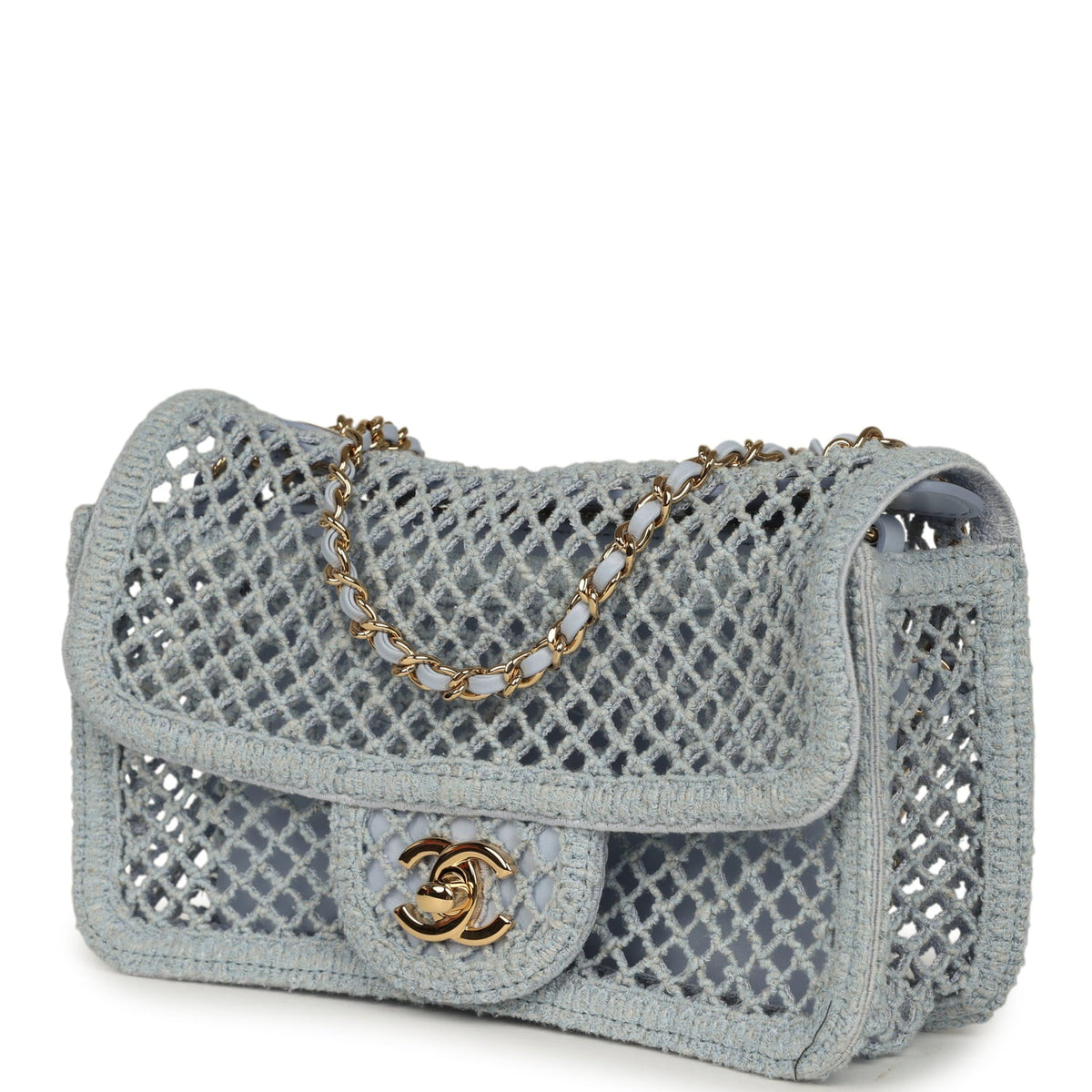 Chanel Small Coco Beach Macrame Flap Bag Light Blue Mesh Gold Hardware