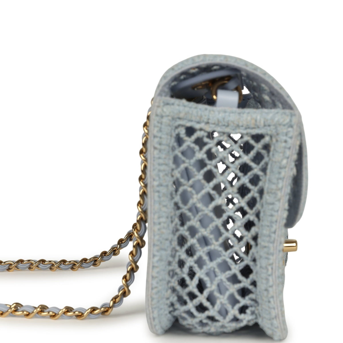 Chanel Small Coco Beach Macrame Flap Bag Light Blue Mesh Gold Hardware