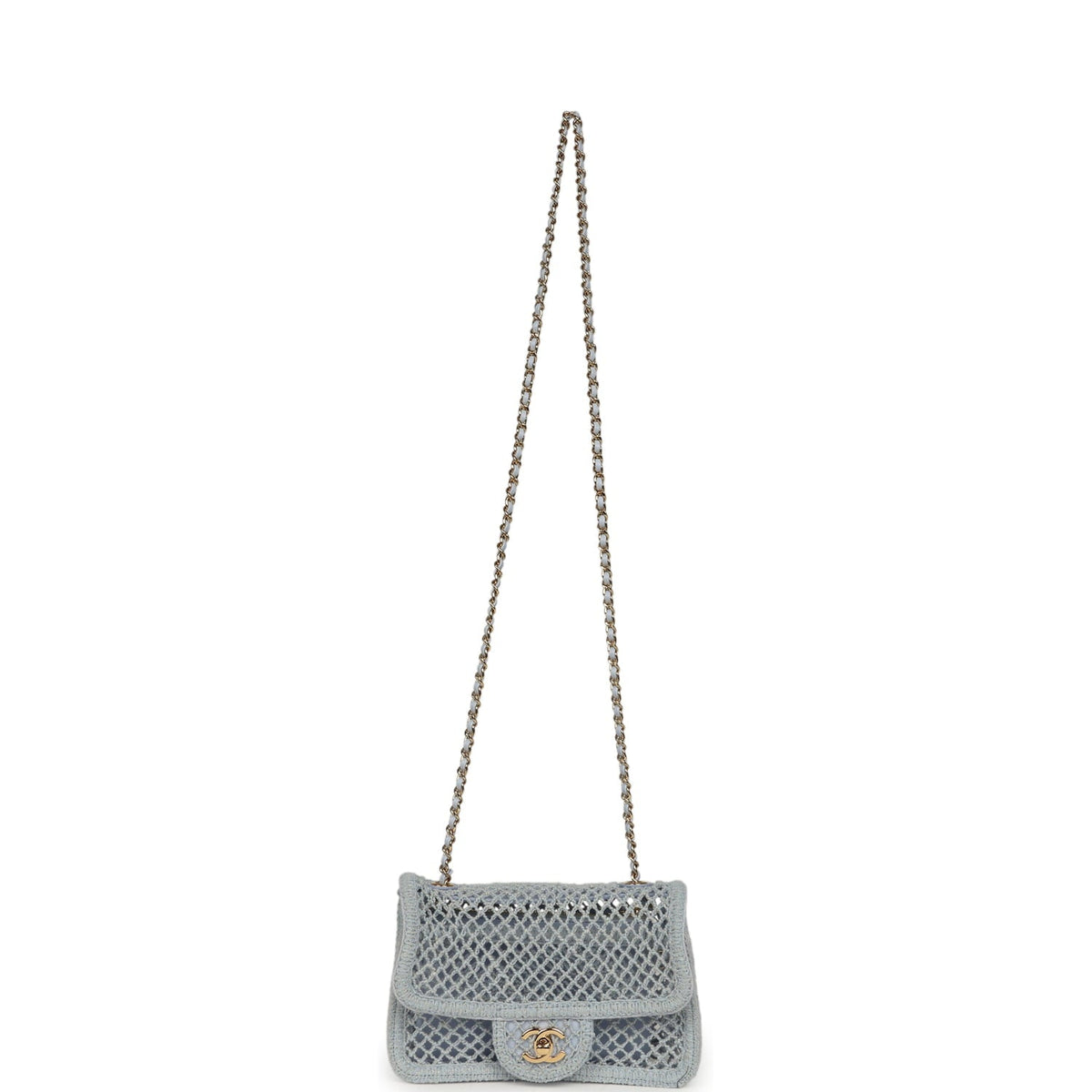 Chanel Small Coco Beach Macrame Flap Bag Light Blue Mesh Gold Hardware