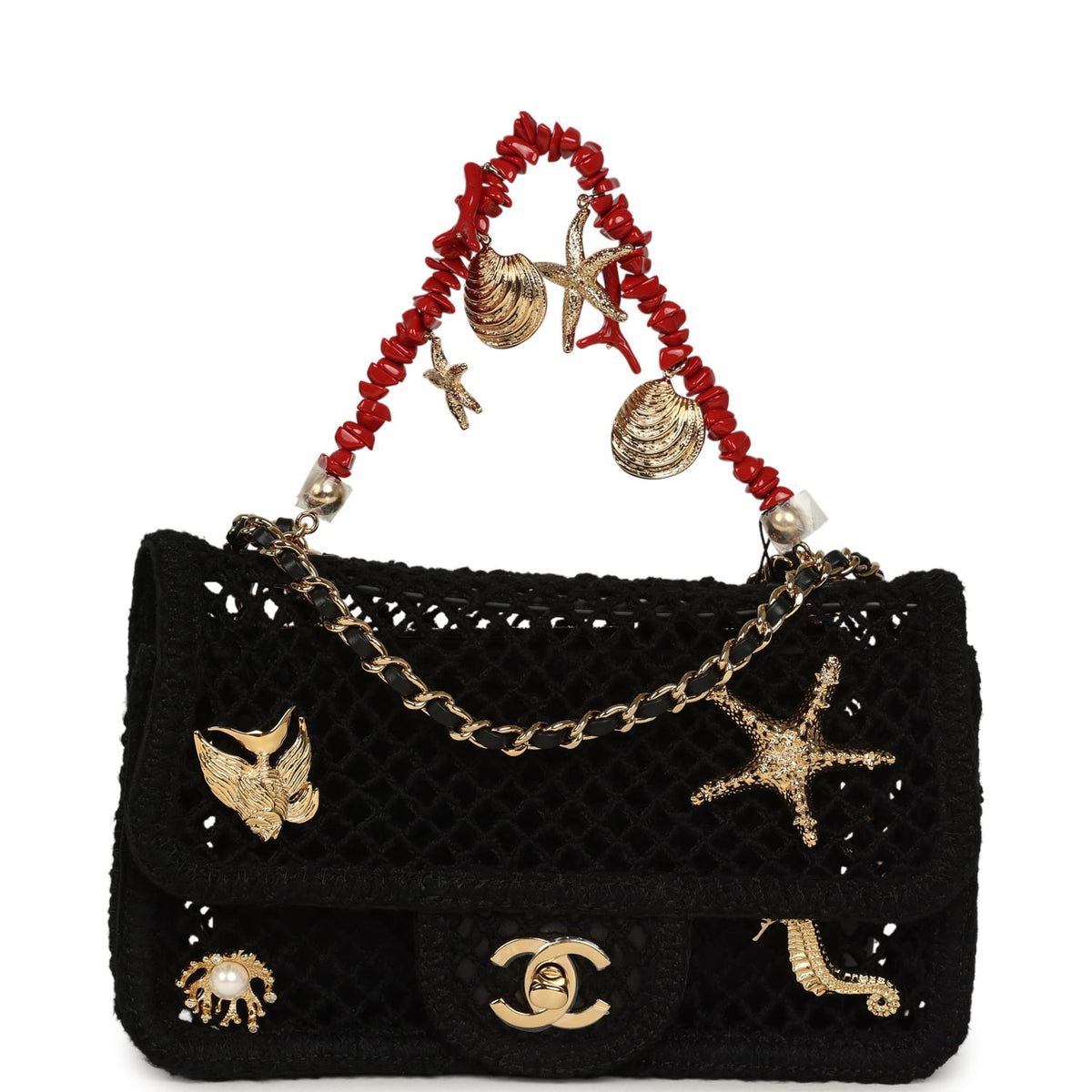 Chanel Small Coco Beach Macrame Charms Flap Bag Black Mesh Gold Hardware