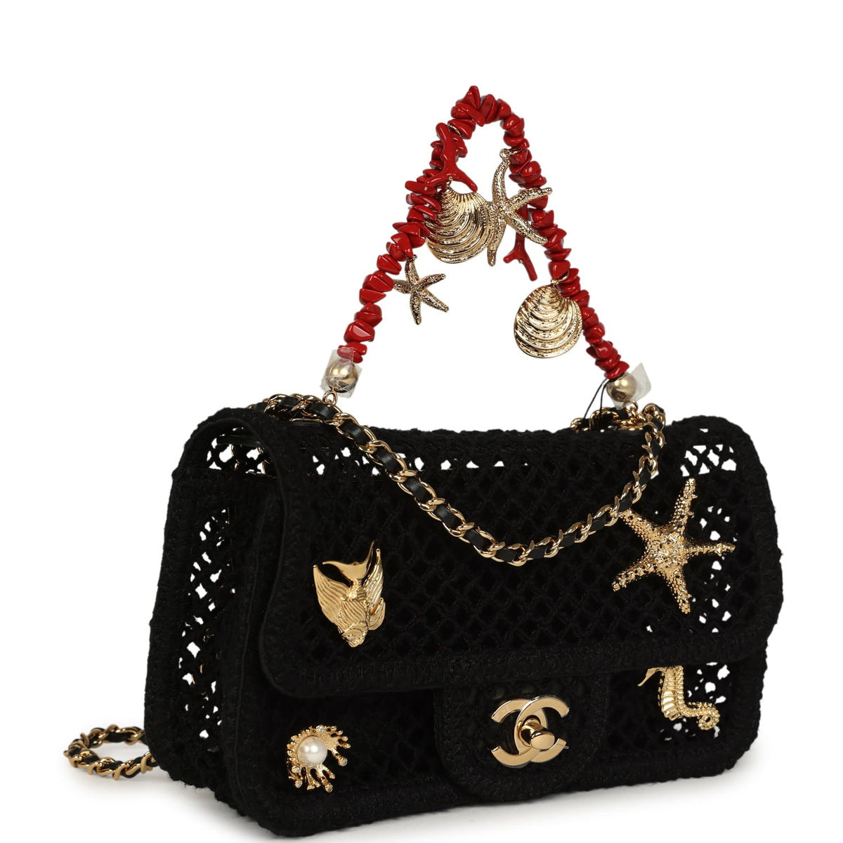 Chanel Small Coco Beach Macrame Charms Flap Bag Black Mesh Gold Hardware