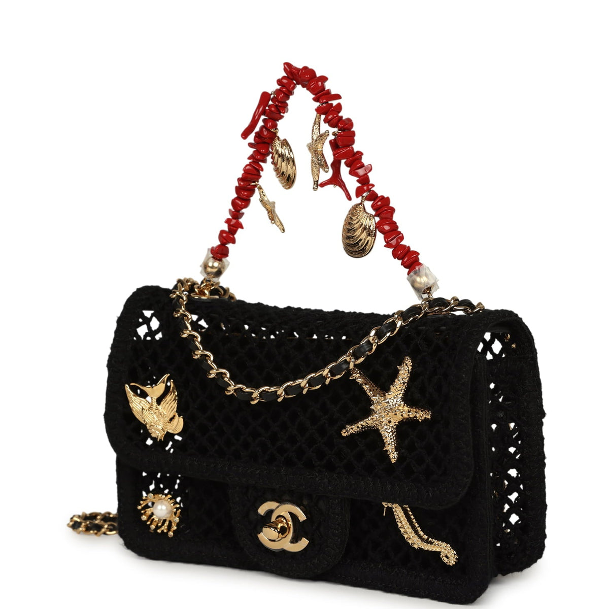 Chanel Small Coco Beach Macrame Charms Flap Bag Black Mesh Gold Hardware