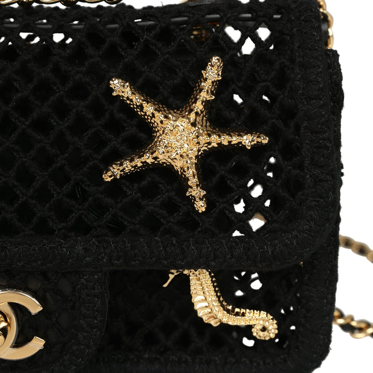 Chanel Small Coco Beach Macrame Charms Flap Bag Black Mesh Gold Hardware