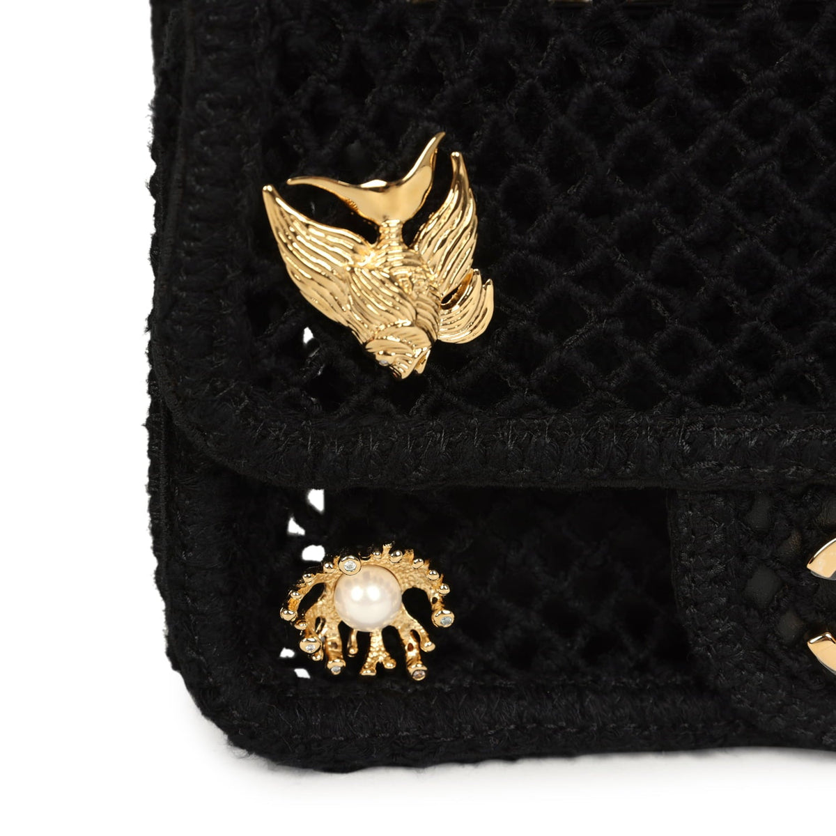 Chanel Small Coco Beach Macrame Charms Flap Bag Black Mesh Gold Hardware