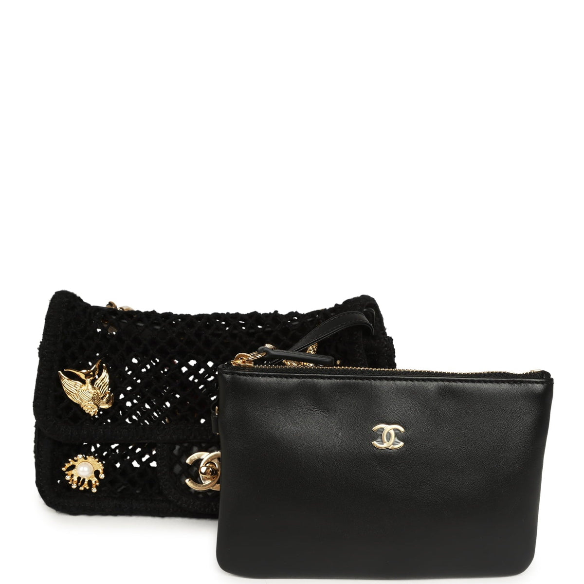 Chanel Small Coco Beach Macrame Charms Flap Bag Black Mesh Gold Hardware