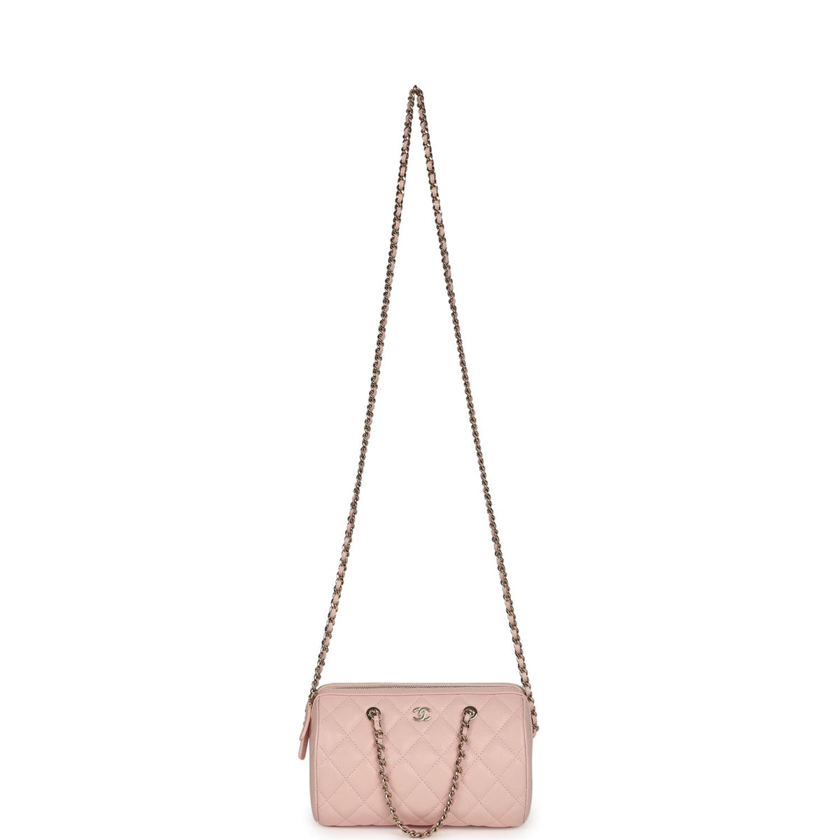 Chanel Mini Timeless Classic Barrel Bag with Chain Light Pink Shiny Caviar Light Gold Hardware