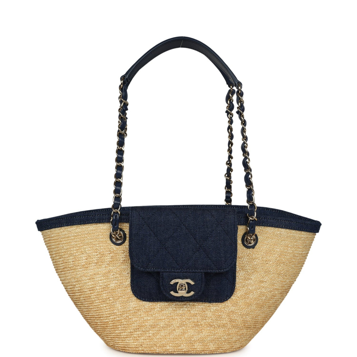 Chanel Small Coco Beach Shopping Tote Bag Bag Beige Raffia and Dark Blue Denim Light Gold Hardware