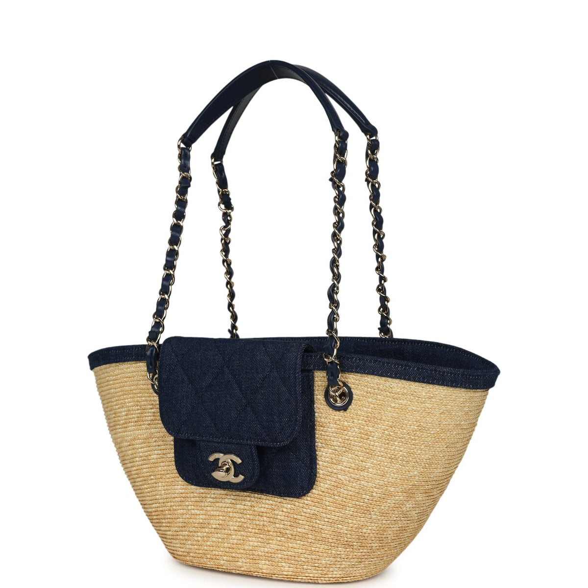 Chanel Small Coco Beach Shopping Tote Bag Bag Beige Raffia and Dark Blue Denim Light Gold Hardware