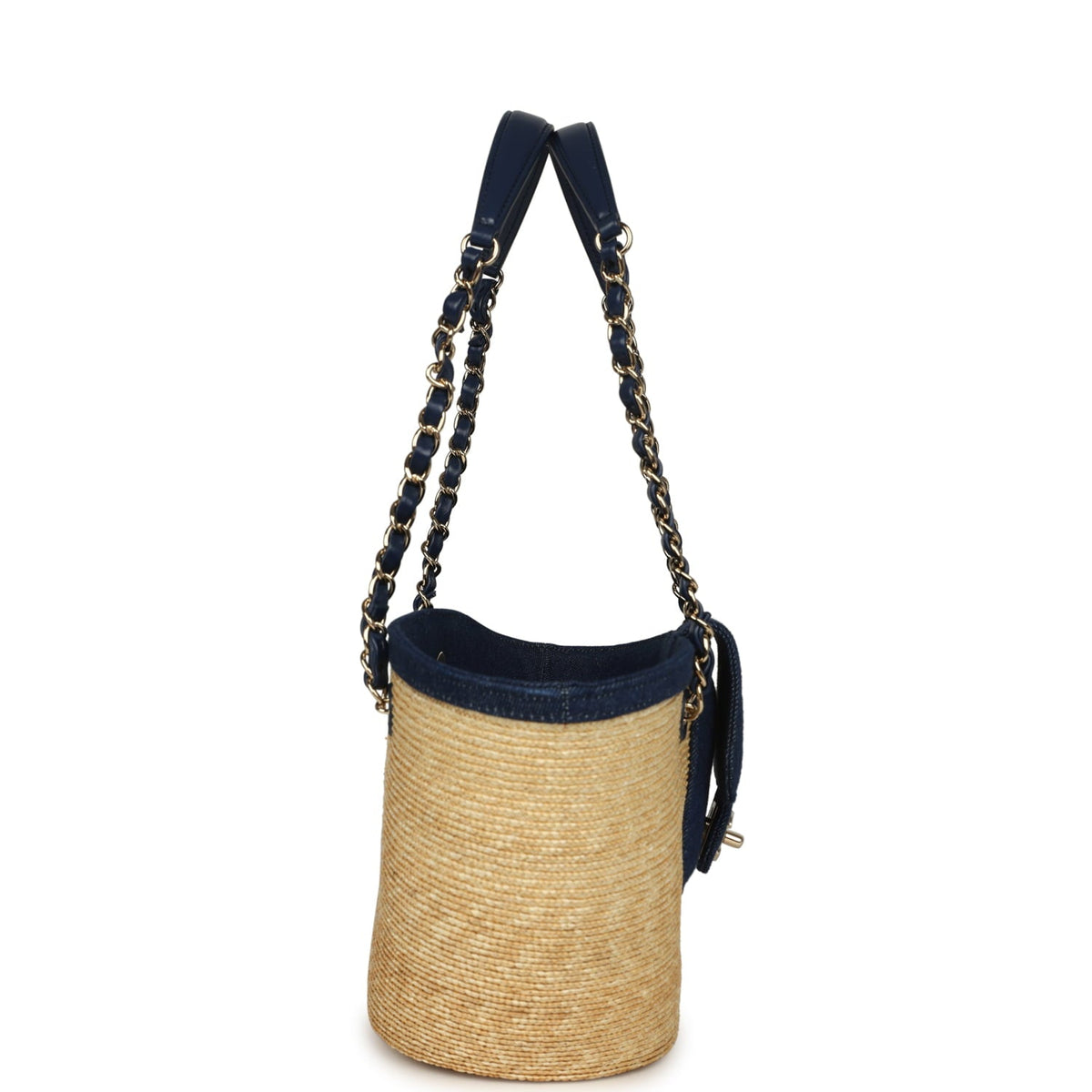 Chanel Small Coco Beach Shopping Tote Bag Bag Beige Raffia and Dark Blue Denim Light Gold Hardware