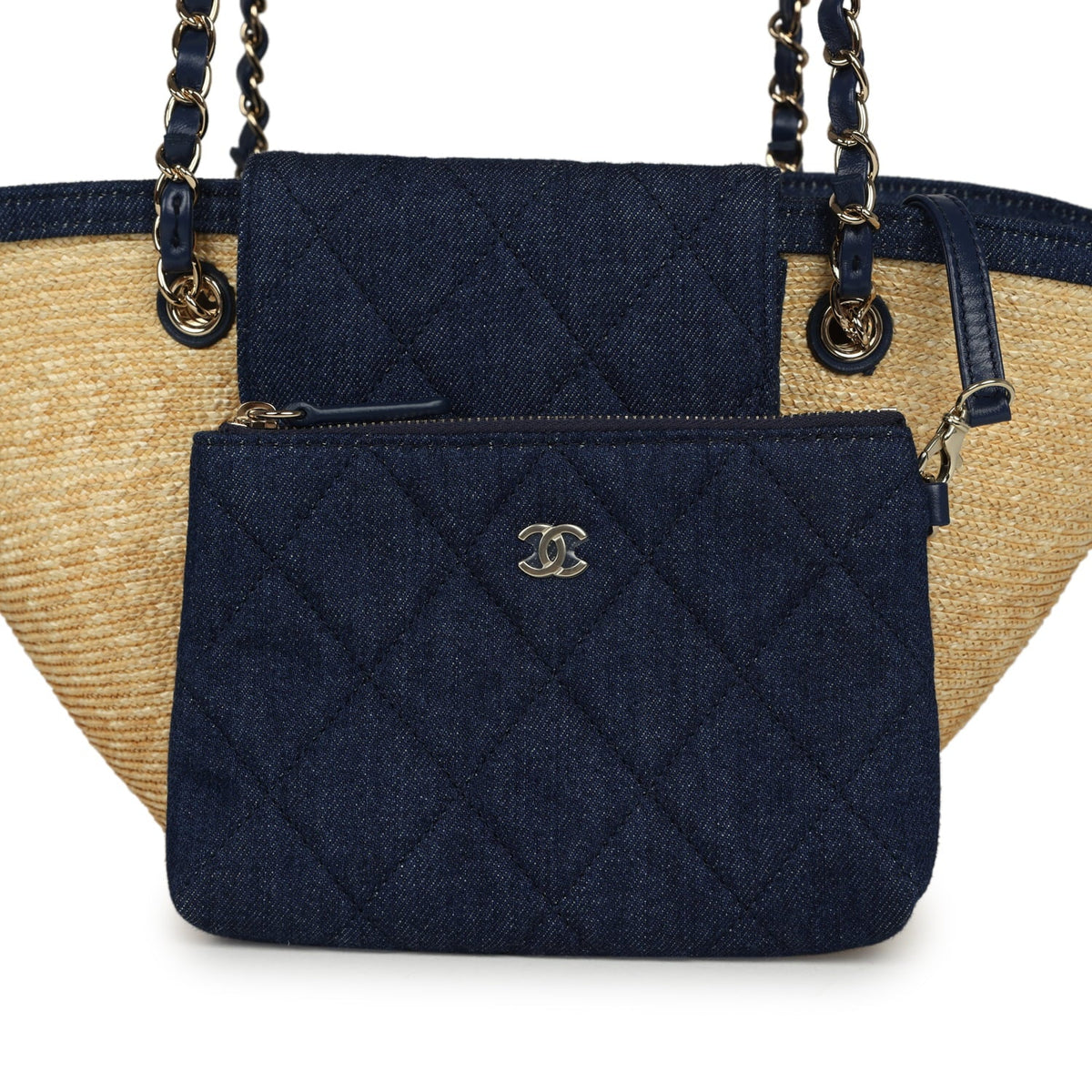 Chanel Small Coco Beach Shopping Tote Bag Bag Beige Raffia and Dark Blue Denim Light Gold Hardware