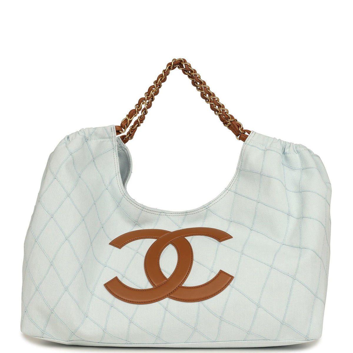 Chanel Maxi Coco Beach Cambon Hobo Bag Blue Denim and Brown Calfskin Brushed Gold Hardware