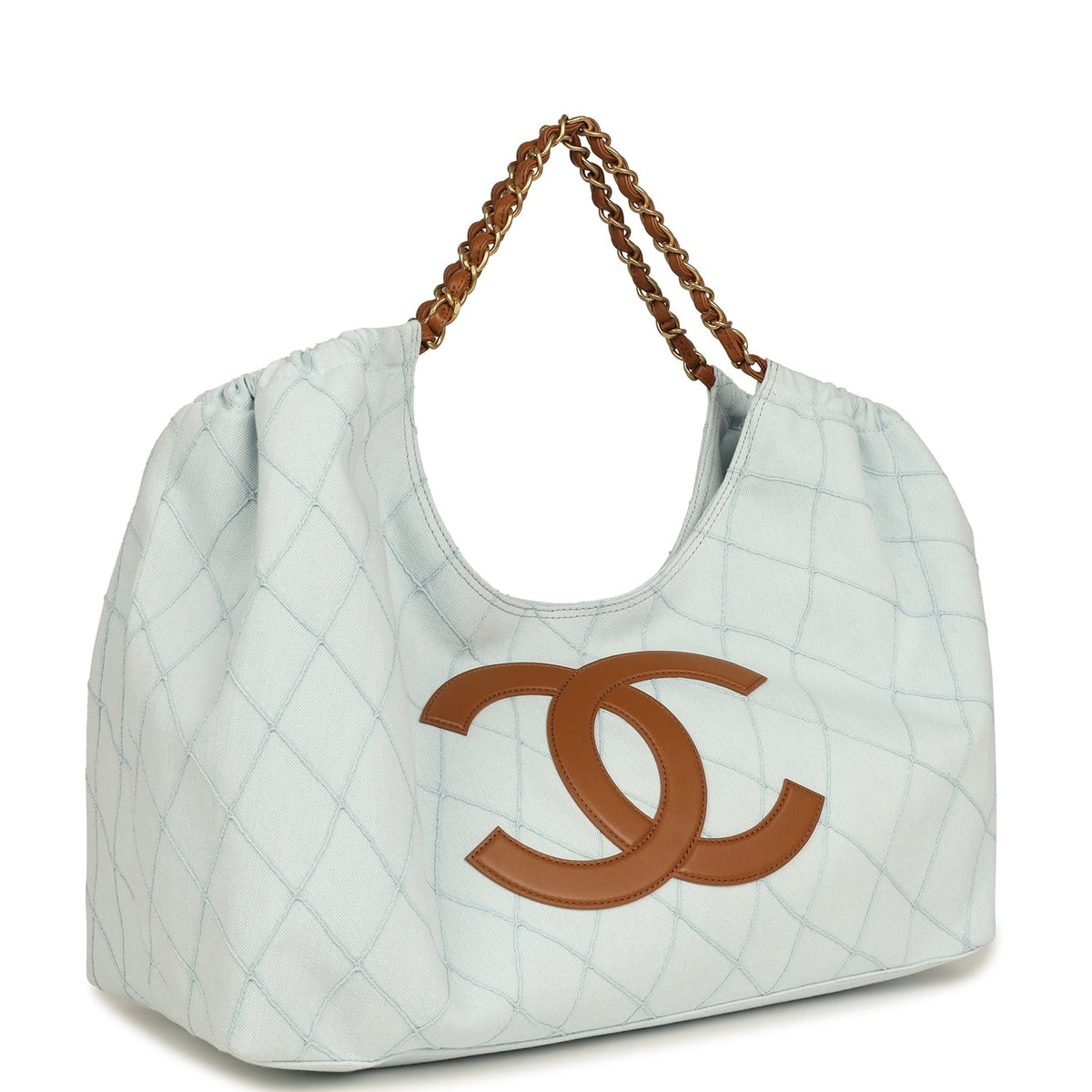 Chanel Maxi Coco Beach Cambon Hobo Bag Blue Denim and Brown Calfskin Brushed Gold Hardware