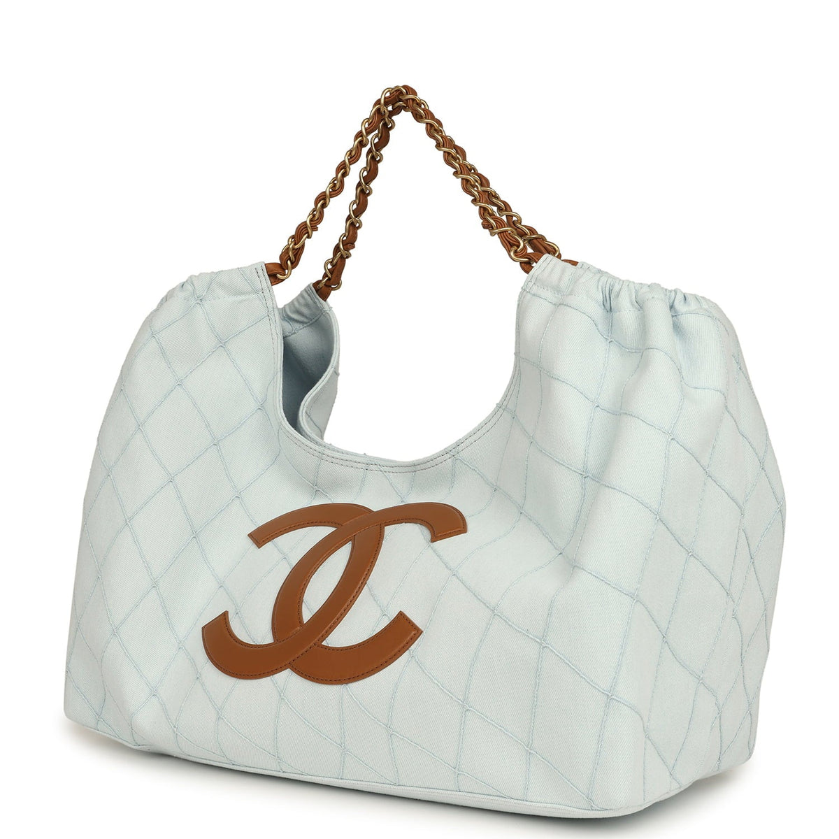 Chanel Maxi Coco Beach Cambon Hobo Bag Blue Denim and Brown Calfskin Brushed Gold Hardware