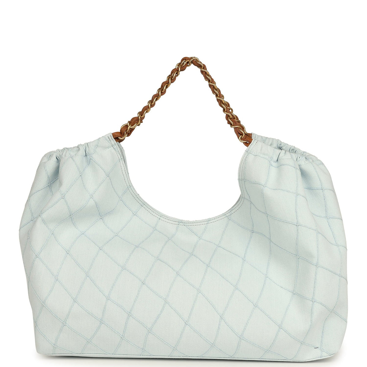 Chanel Maxi Coco Beach Cambon Hobo Bag Blue Denim and Brown Calfskin Brushed Gold Hardware