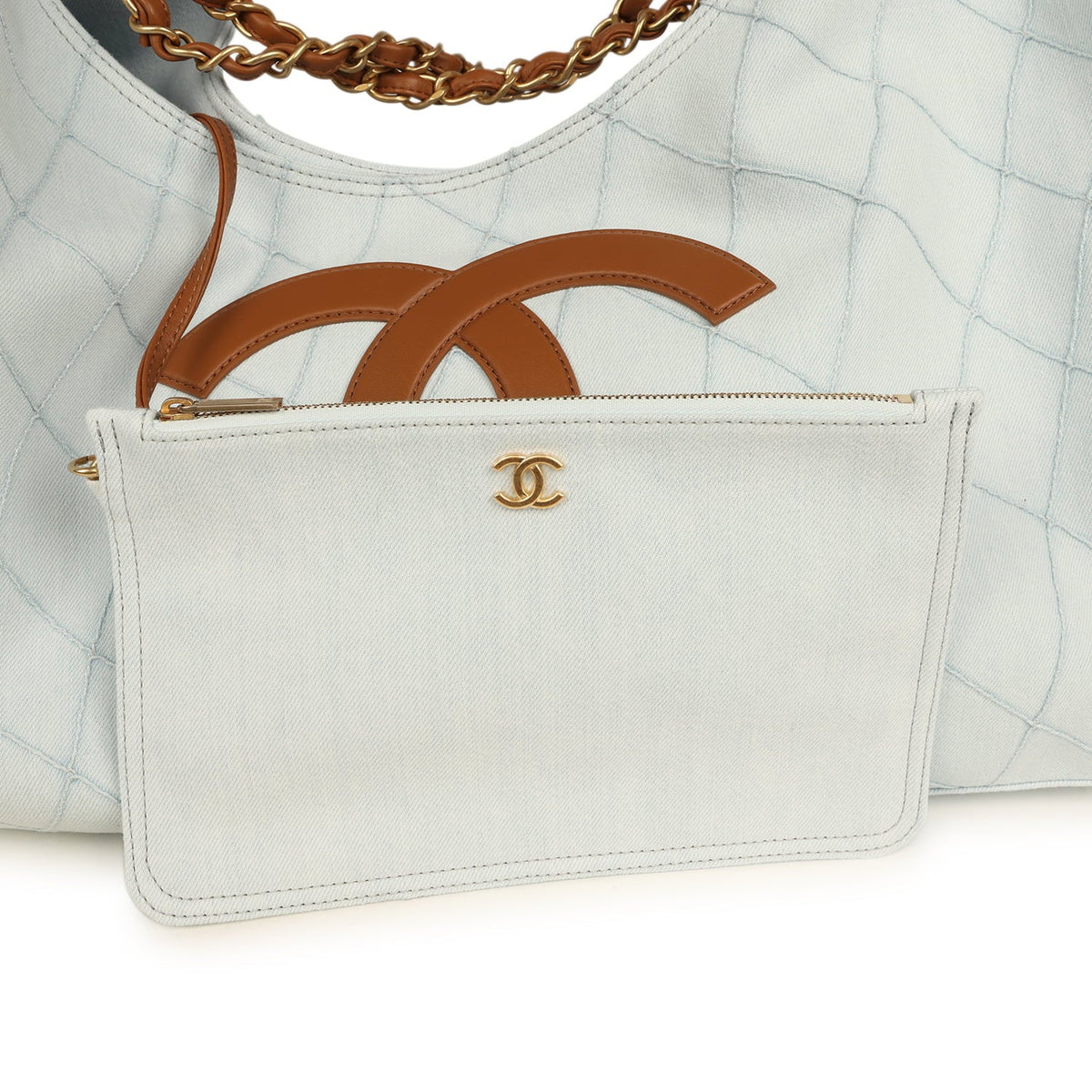 Chanel Maxi Coco Beach Cambon Hobo Bag Blue Denim and Brown Calfskin Brushed Gold Hardware